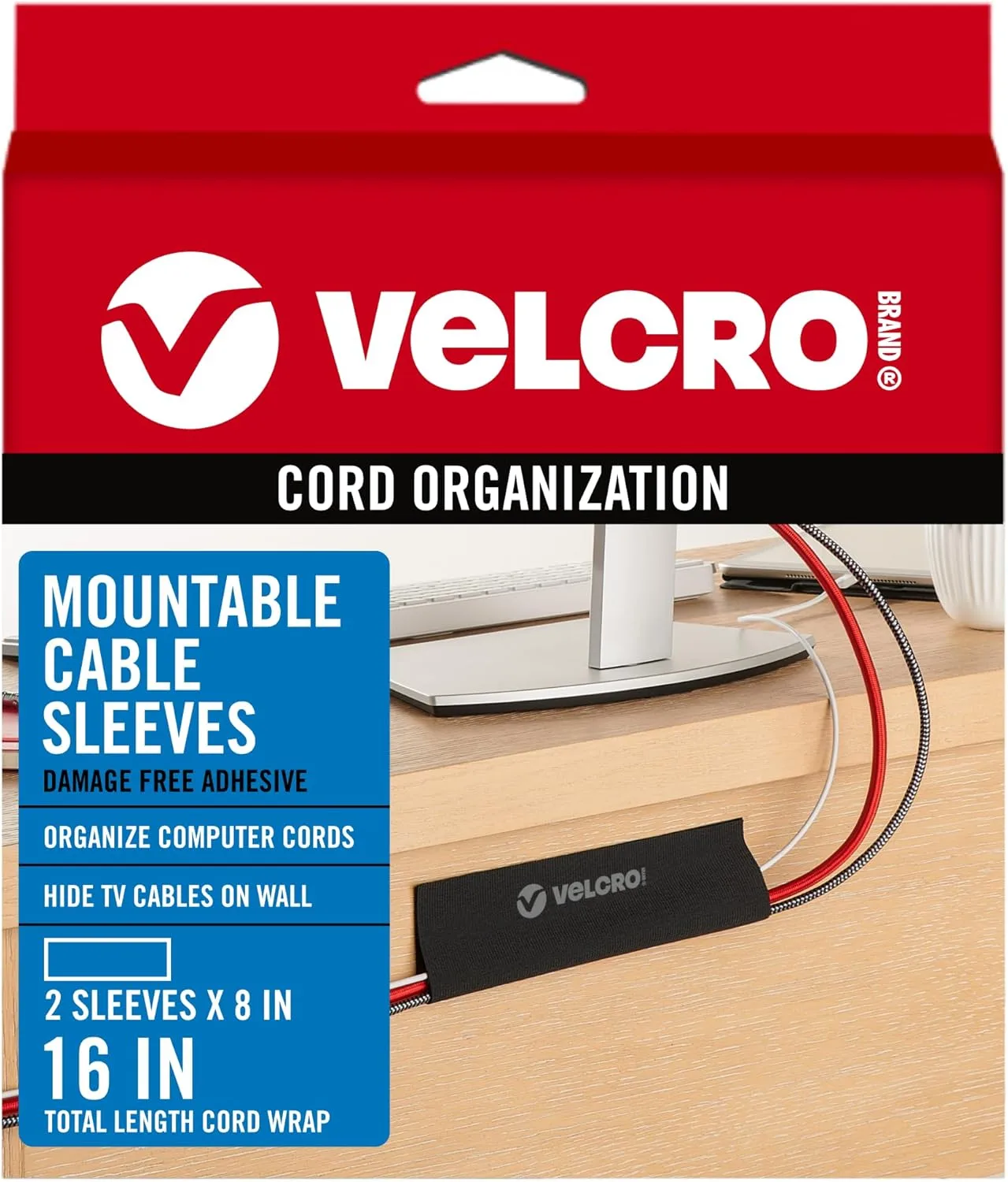 VELCRO Brand Mountable Cable Sleeves, 8in, Black, 2-Pack