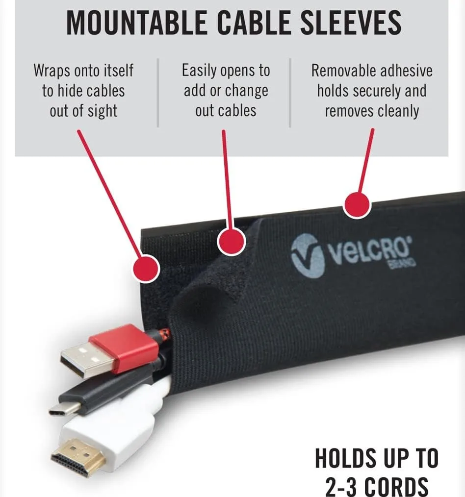 VELCRO Brand Mountable Cable Sleeves, 8in, Black, 2-Pack