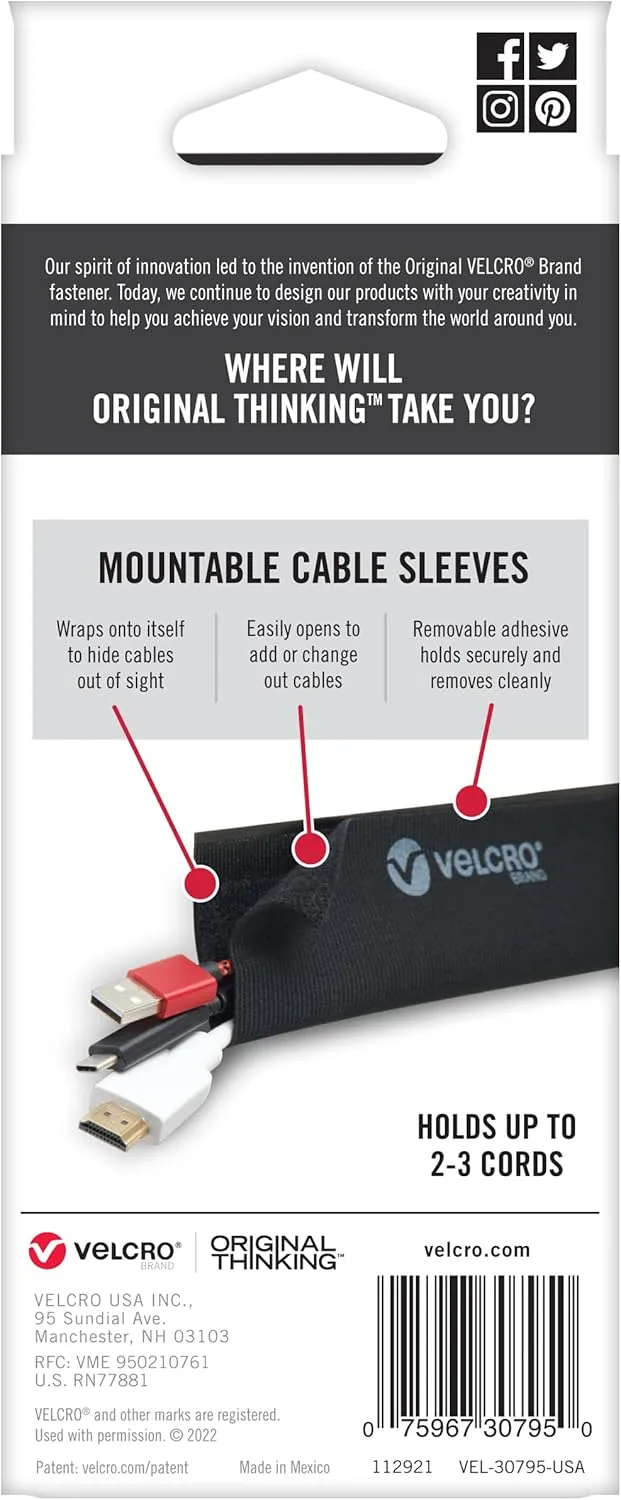 VELCRO Brand Mountable Cable Sleeves, 8in, Black, 2-Pack