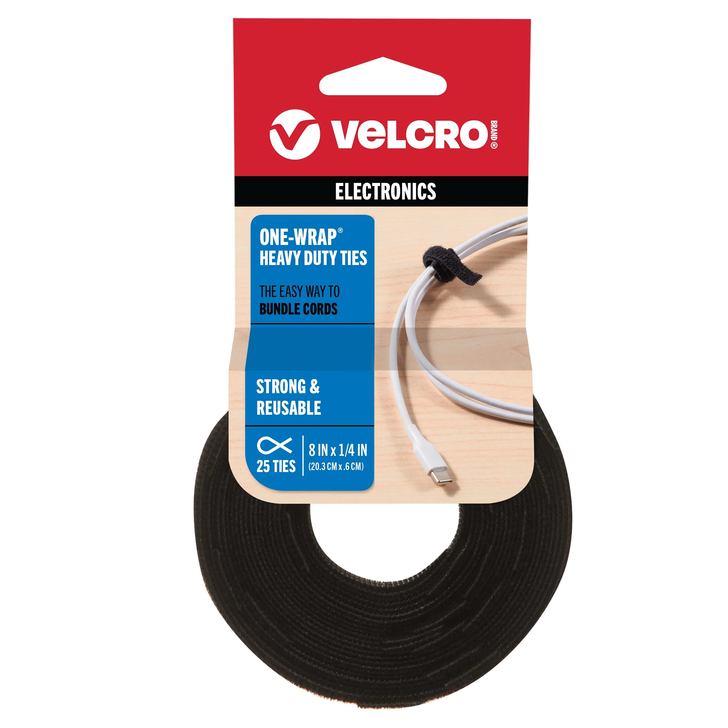 VELCRO Brand ONE-WRAP Cable Ties, 1/4 in x 8 in, 25 Pack, Black