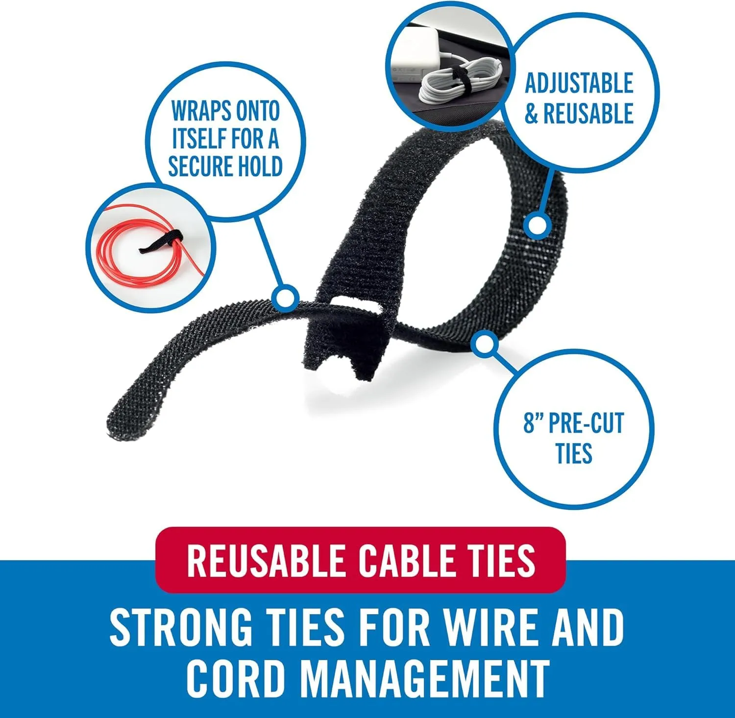 VELCRO Brand ONE-WRAP Cable Ties, 1/4 in x 8 in, 25 Pack, Black
