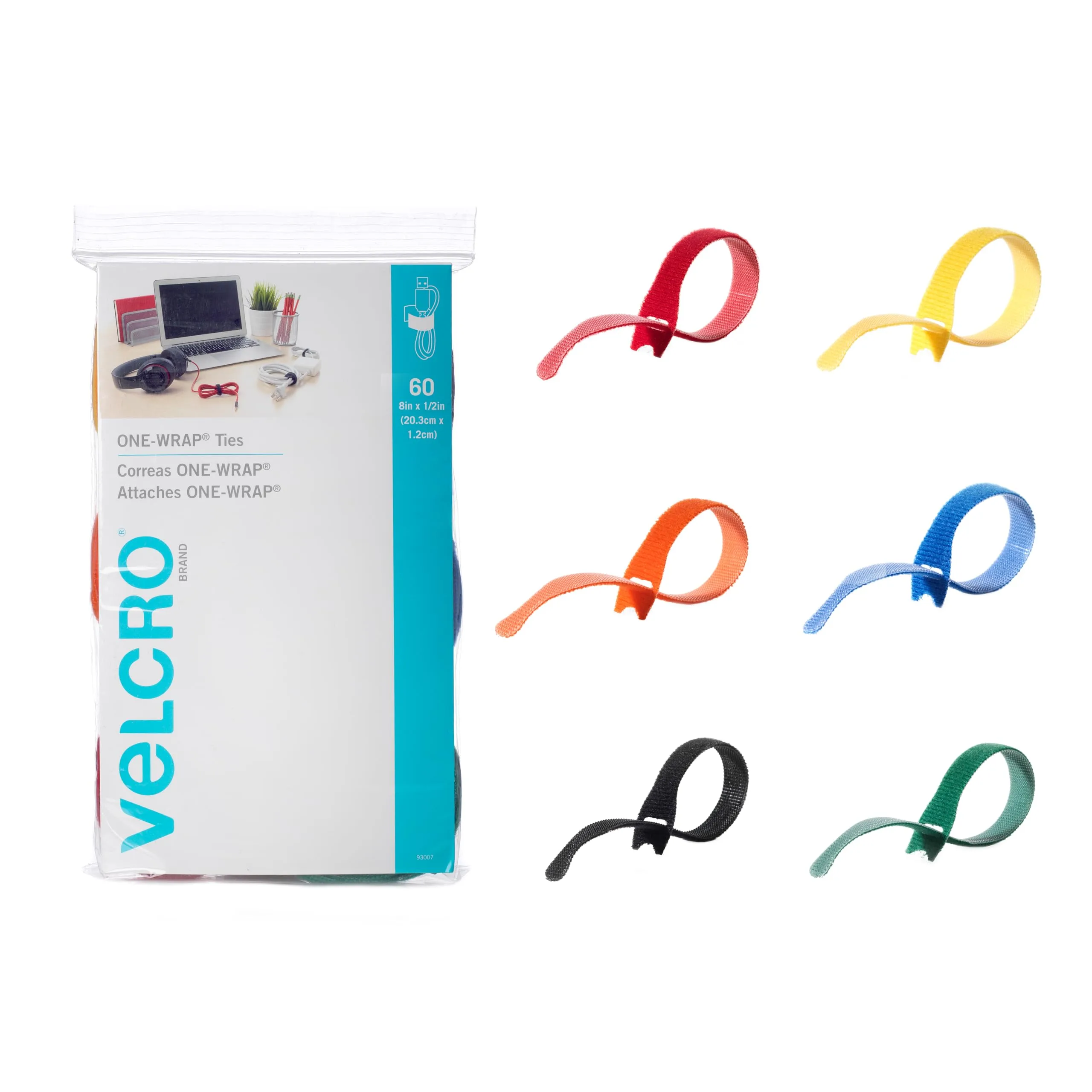 VELCRO Brand ONE-WRAP Cable Ties, 60-Pack, 8 x 1/2 in, Multicolor