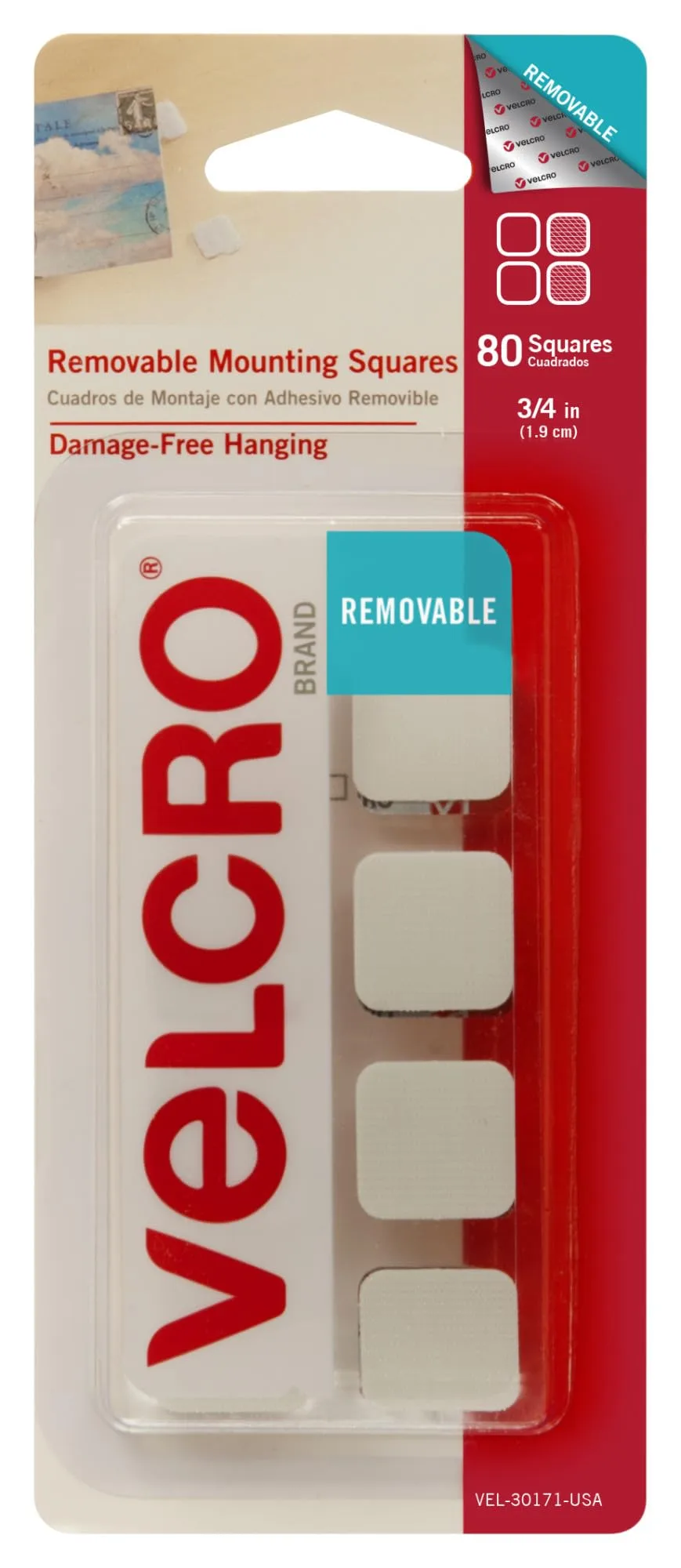 VELCRO Removable Mounting Tape - 0.75in x 0.75in - White - Pack of 80