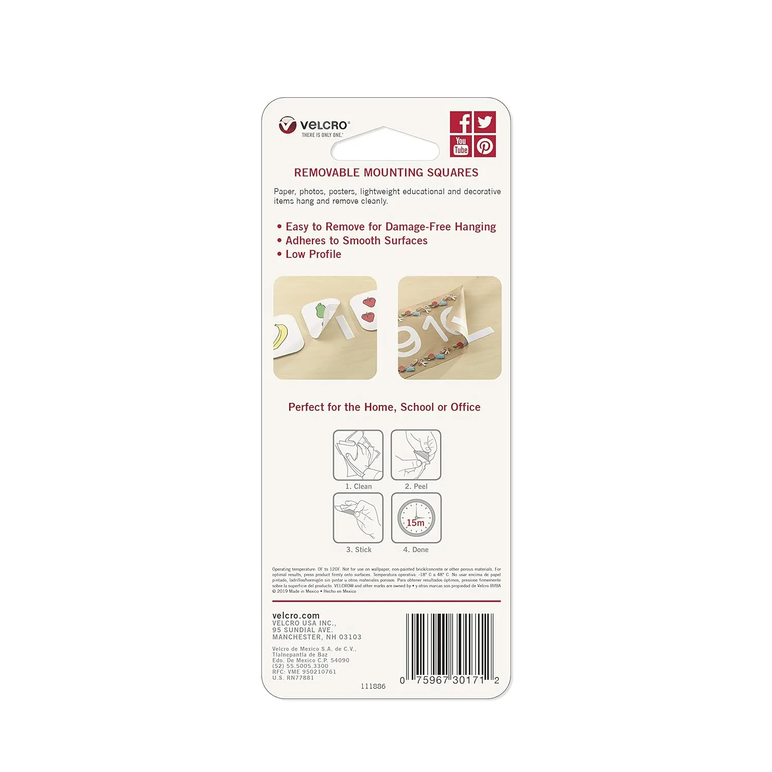 VELCRO Removable Mounting Tape - 0.75in x 0.75in - White - Pack of 80