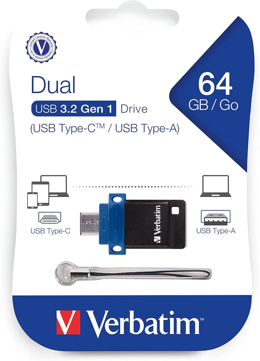 Verbatim Store 'n' Go Dual OTG USB 3.2 Gen 1 Flash Drive for USB-C Devices - 2 in 1 Type C Thumb Drive