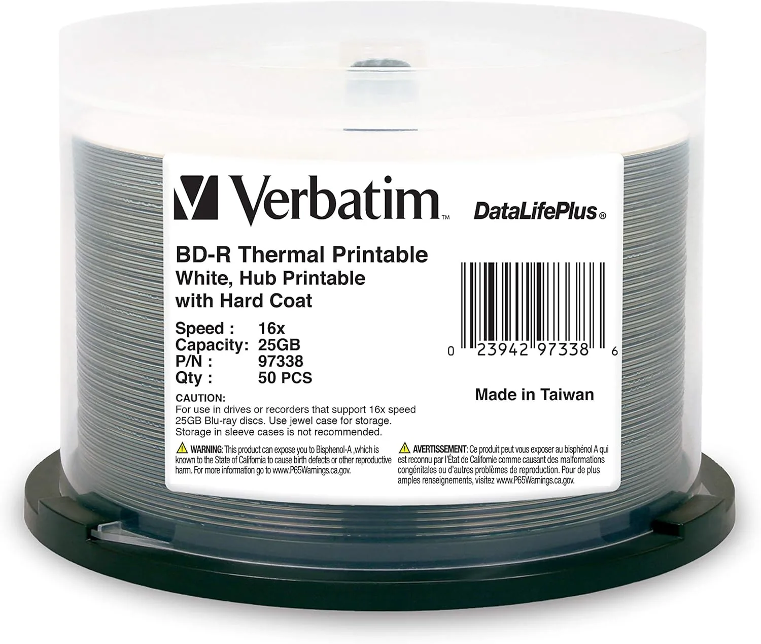 Verbatim BD-R 25GB 16X DataLifePlus White Thermal Printable, Hub Printable - 50pk Spindle - 97338