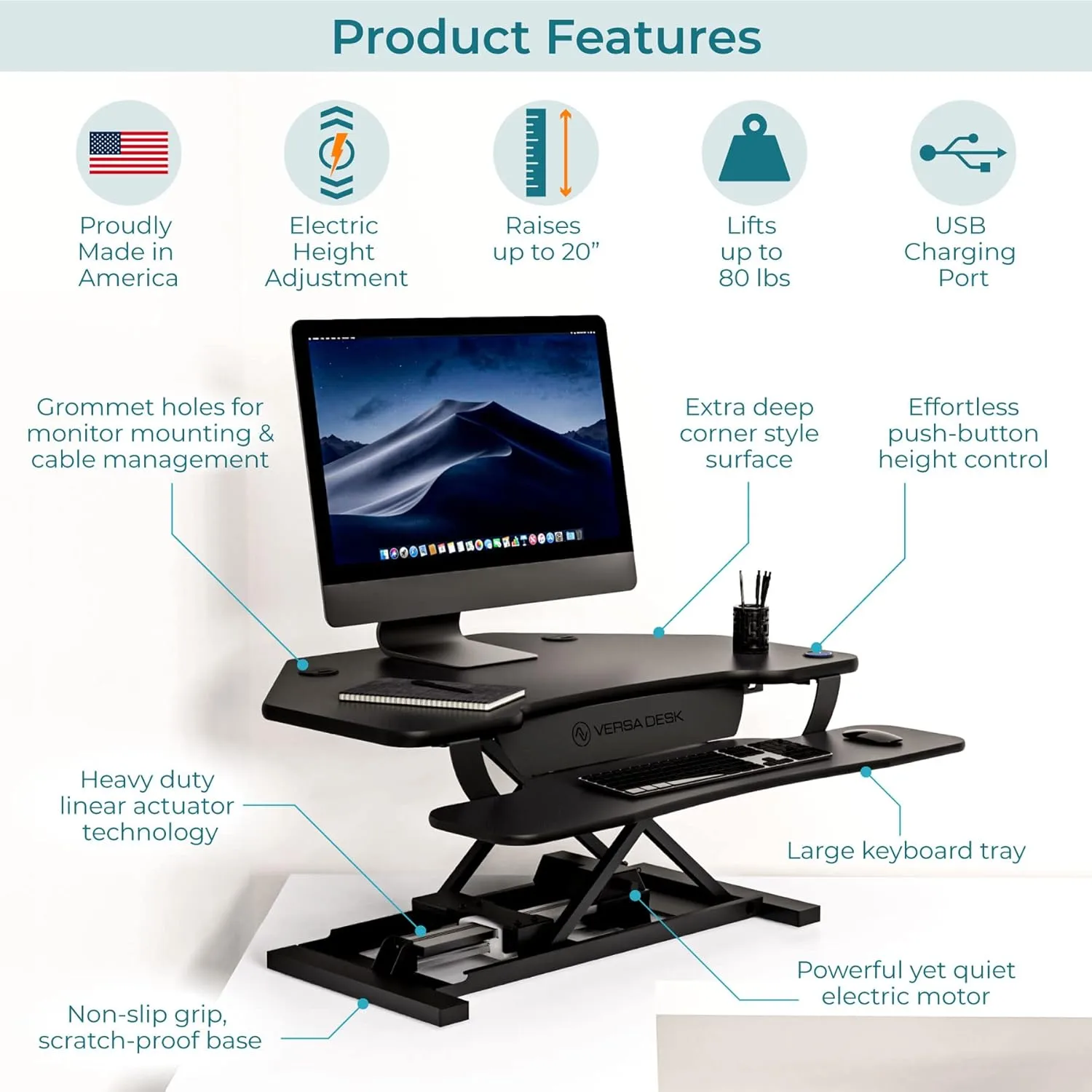 VERSADESK® PowerPro™ 36" Corner Standing Desk Converter, 36 Inch Motorized Height-Adjustable Standup Desk Riser Sit to Stand