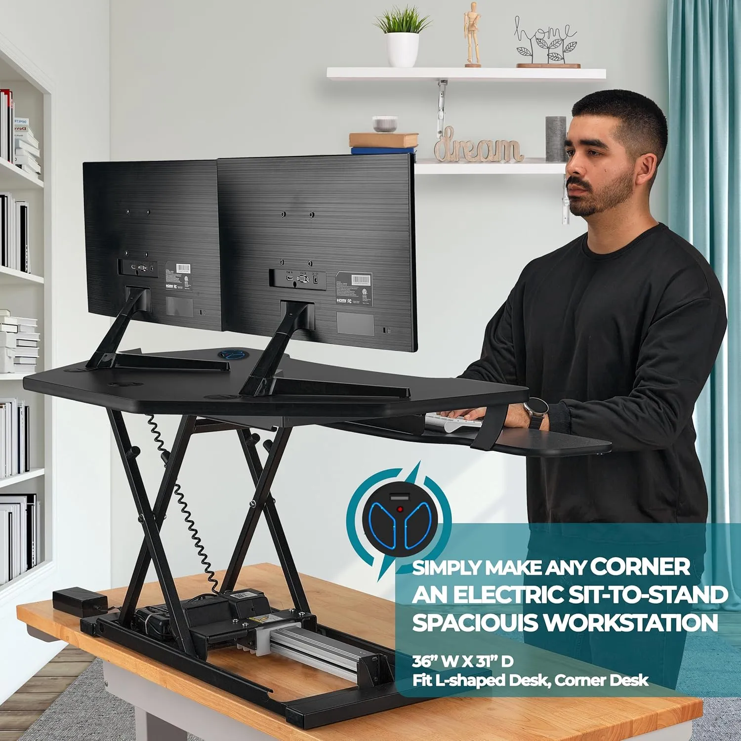 VERSADESK® PowerPro™ 36" Corner Standing Desk Converter, 36 Inch Motorized Height-Adjustable Standup Desk Riser Sit to Stand