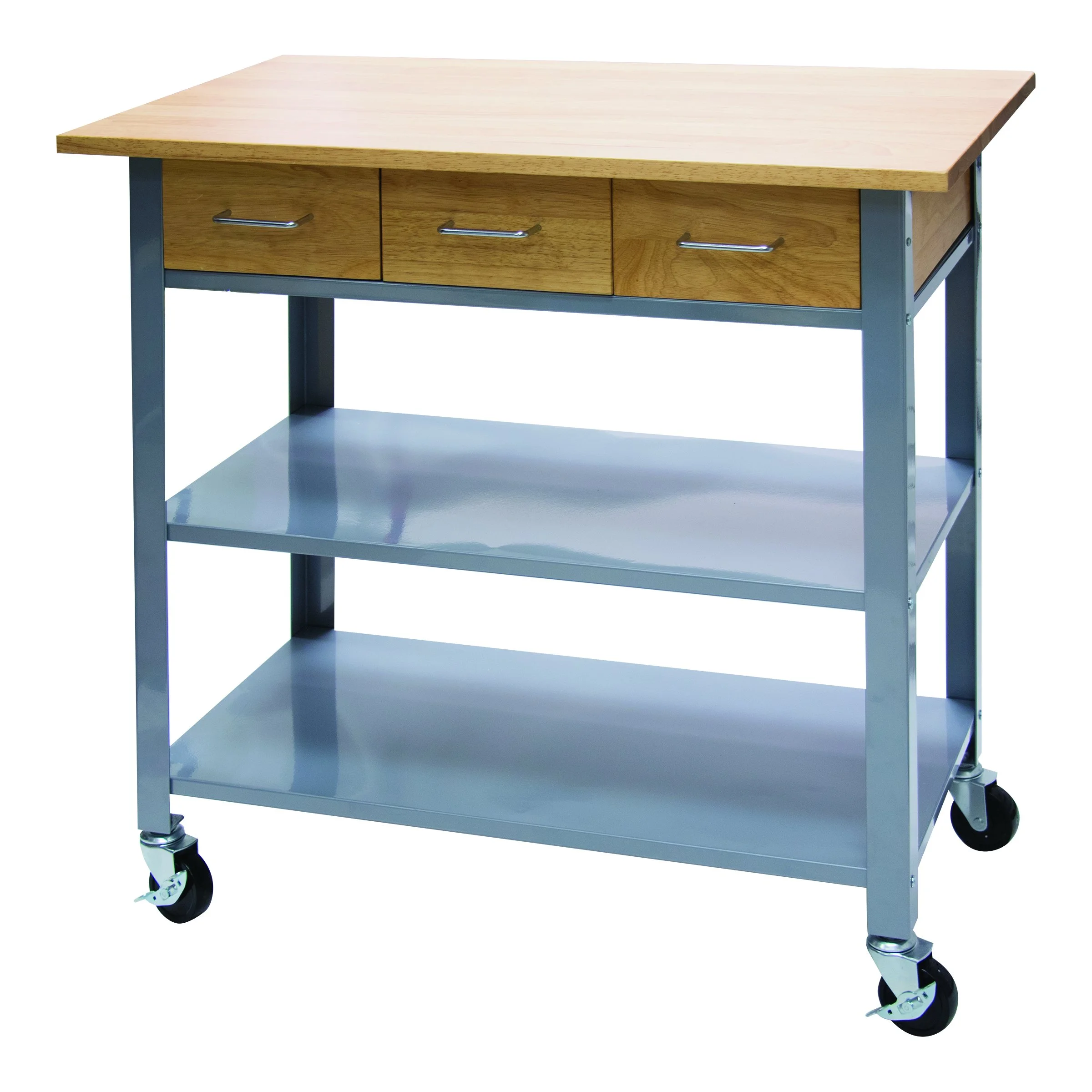 Vertiflex Rolling Wooden Countertop Bar Cart with Wheels, Utility Storage Cart for Kitchen, Home, or Office, 3 Shelves, 3 Drawers, Oak/Gray