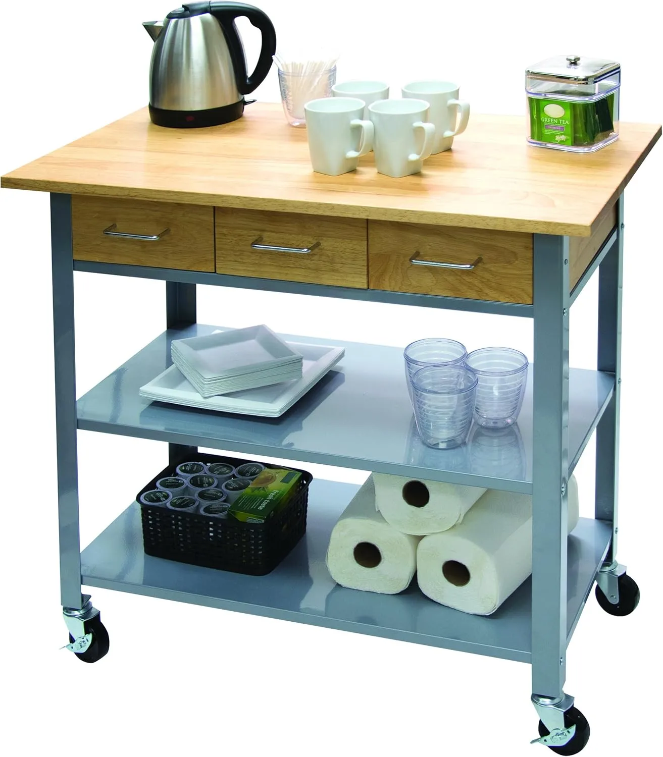 Vertiflex Rolling Wooden Countertop Bar Cart with Wheels, Utility Storage Cart for Kitchen, Home, or Office, 3 Shelves, 3 Drawers, Oak/Gray