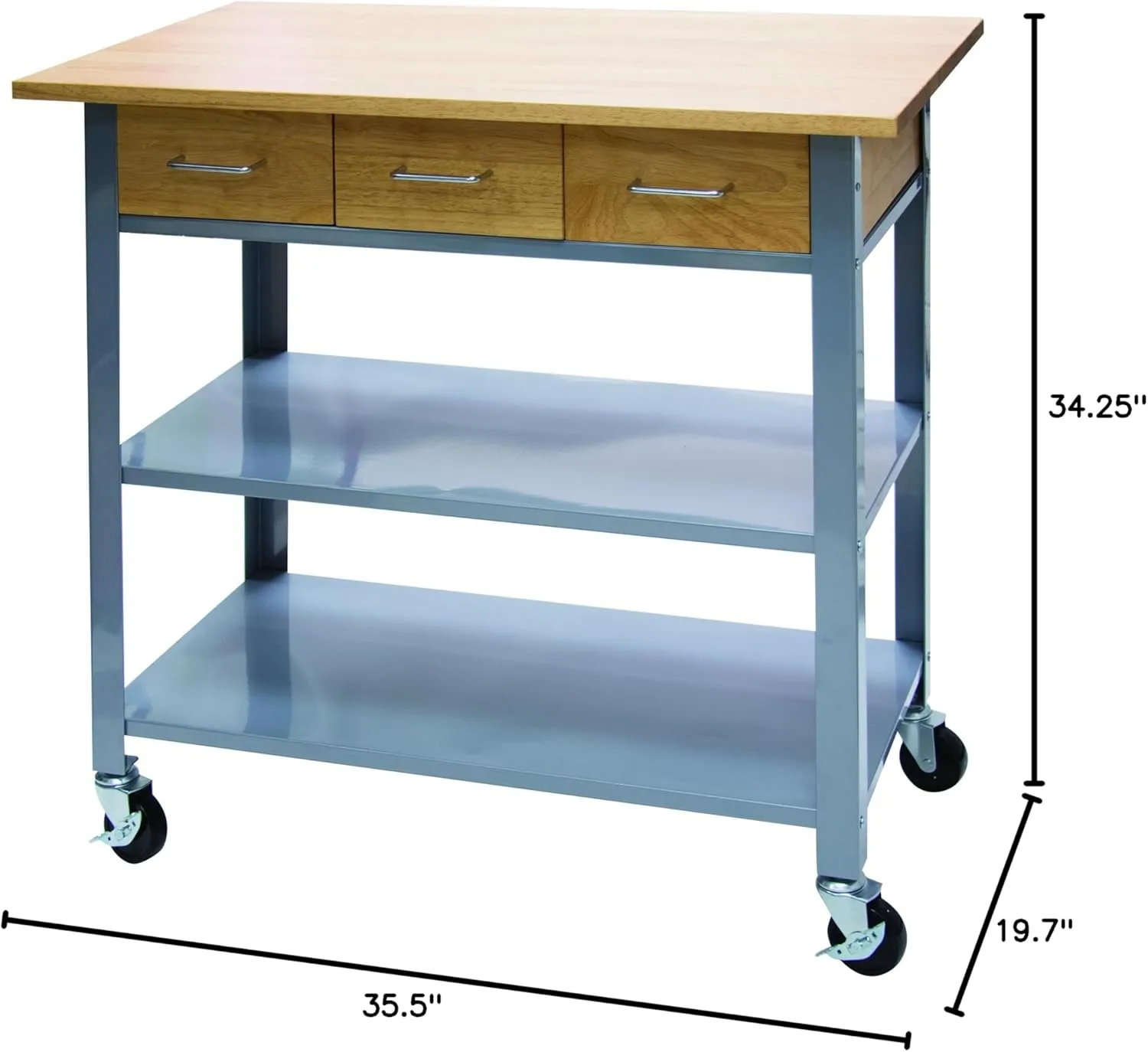Vertiflex Rolling Wooden Countertop Bar Cart with Wheels, Utility Storage Cart for Kitchen, Home, or Office, 3 Shelves, 3 Drawers, Oak/Gray