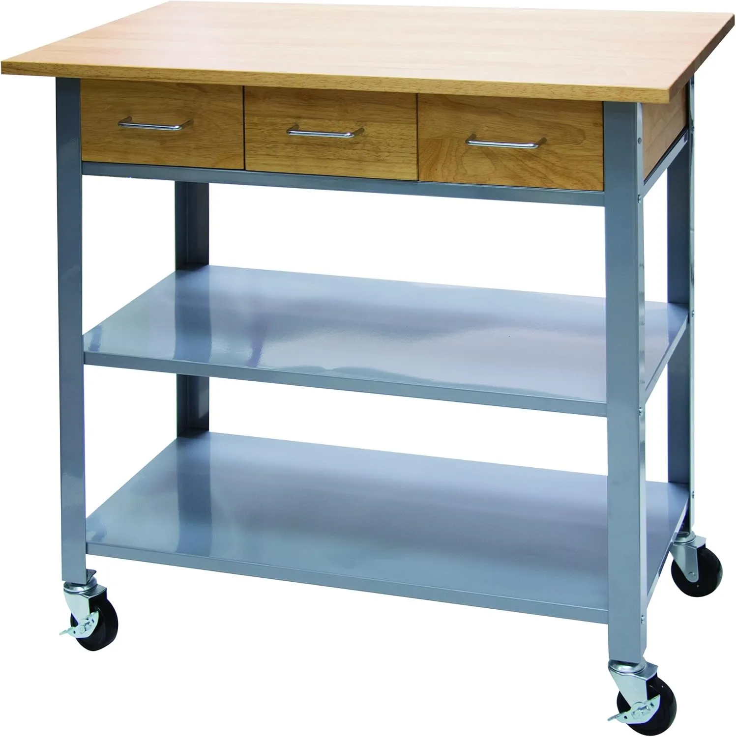 Vertiflex Rolling Wooden Countertop Bar Cart with Wheels, Utility Storage Cart for Kitchen, Home, or Office, 3 Shelves, 3 Drawers, Oak/Gray
