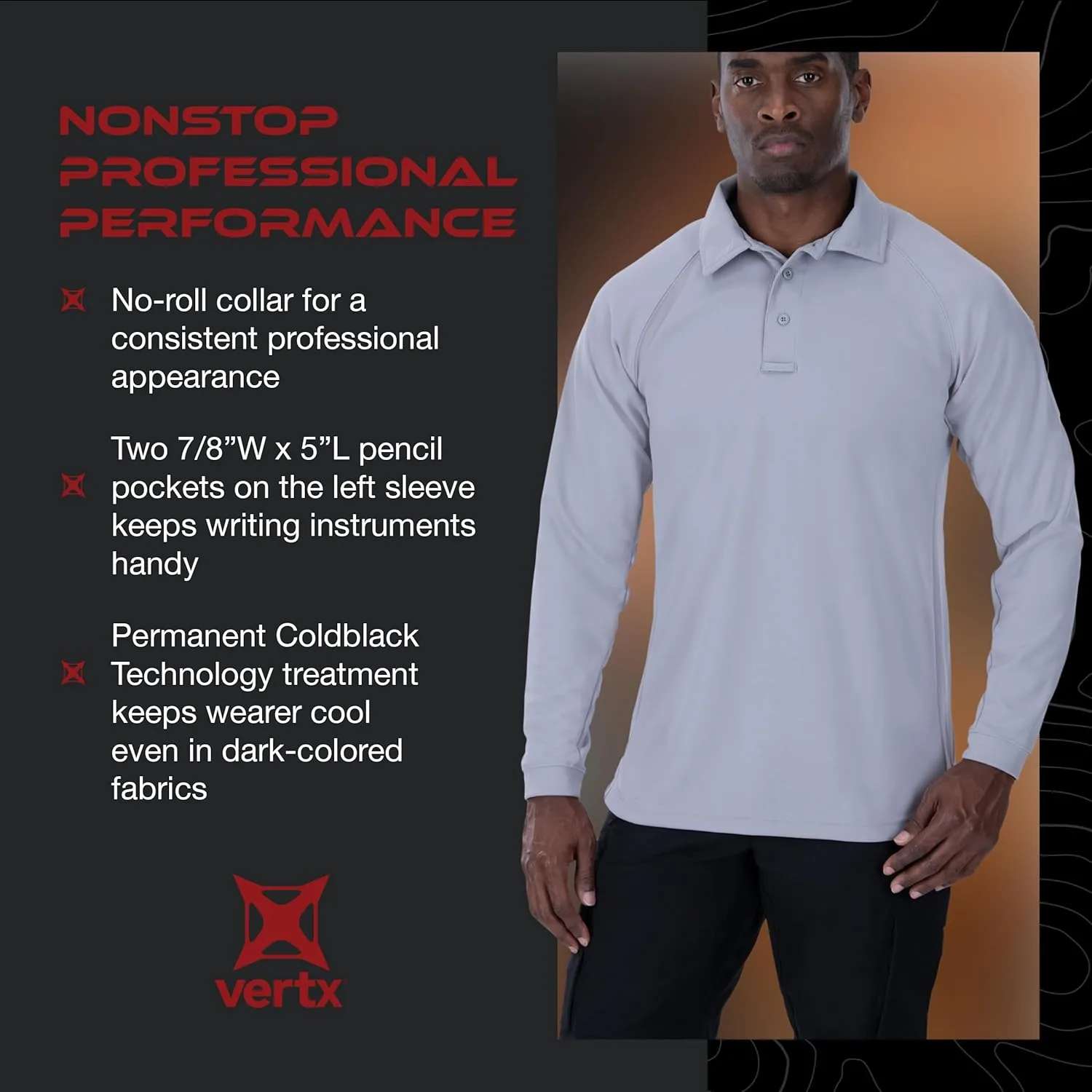 VERTX Mens Coldblack Long-Sleeve Tactical Polo Shirt