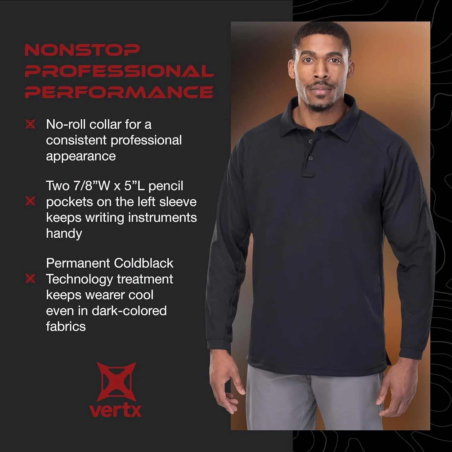 VERTX Mens Coldblack Long-Sleeve Tactical Polo Shirt