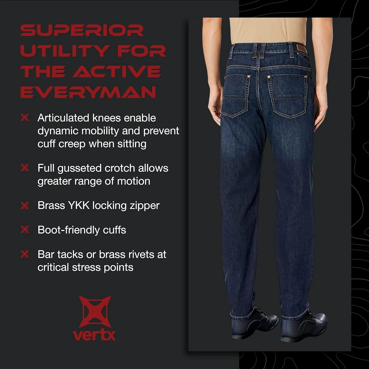 VERTX Defiance Men's Tactical Jeans, Relaxed Fit Stretch, 11 Pockets