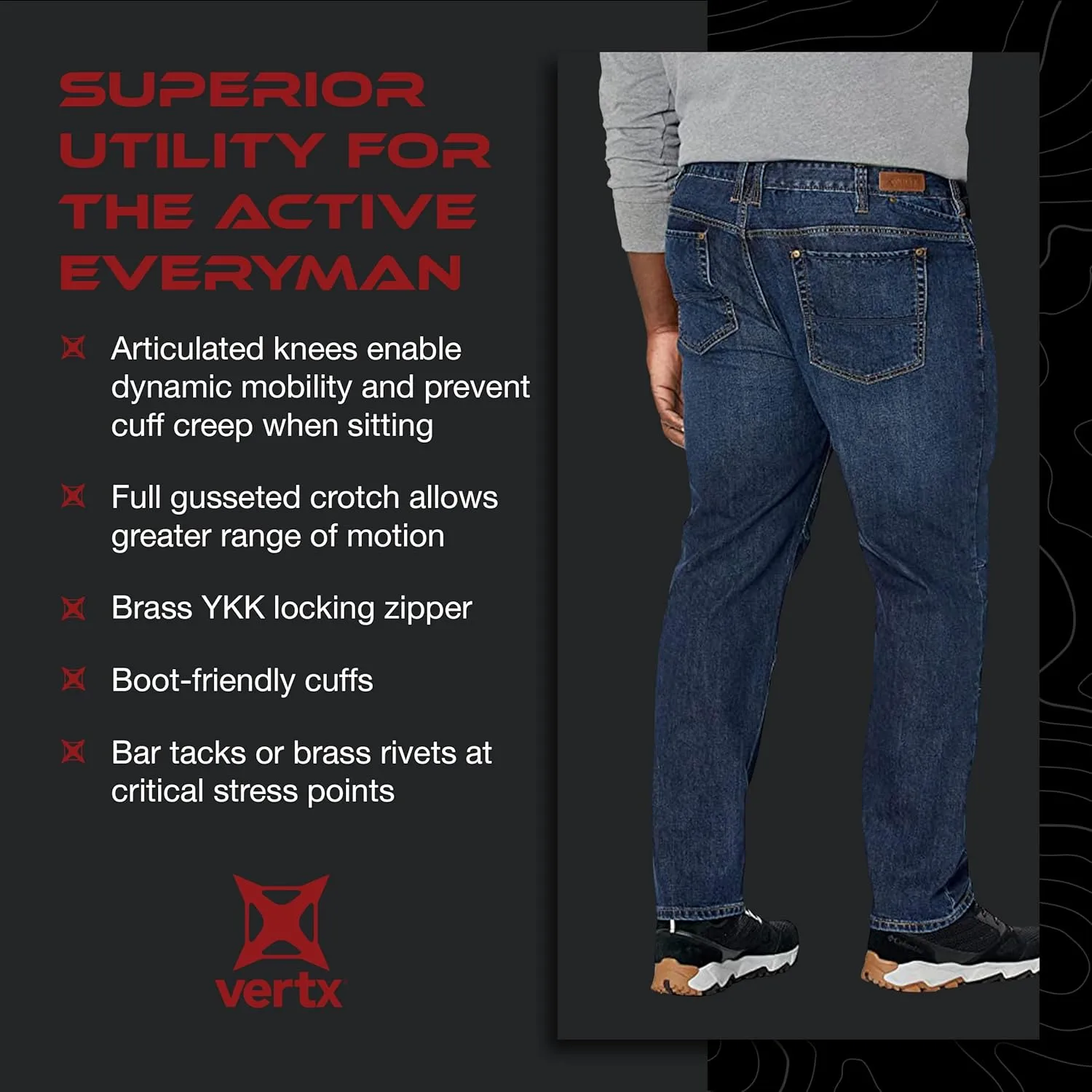 VERTX Defiance Men's Tactical Jeans, Relaxed Fit Stretch, 11 Pockets