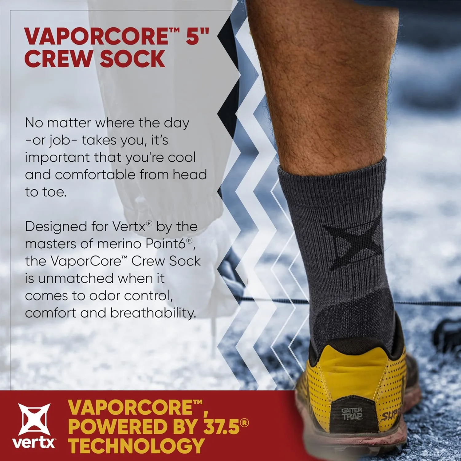 VERTX VaporCore Mens Crew Socks, Merino Wool Moisture Wicking with Odor Control