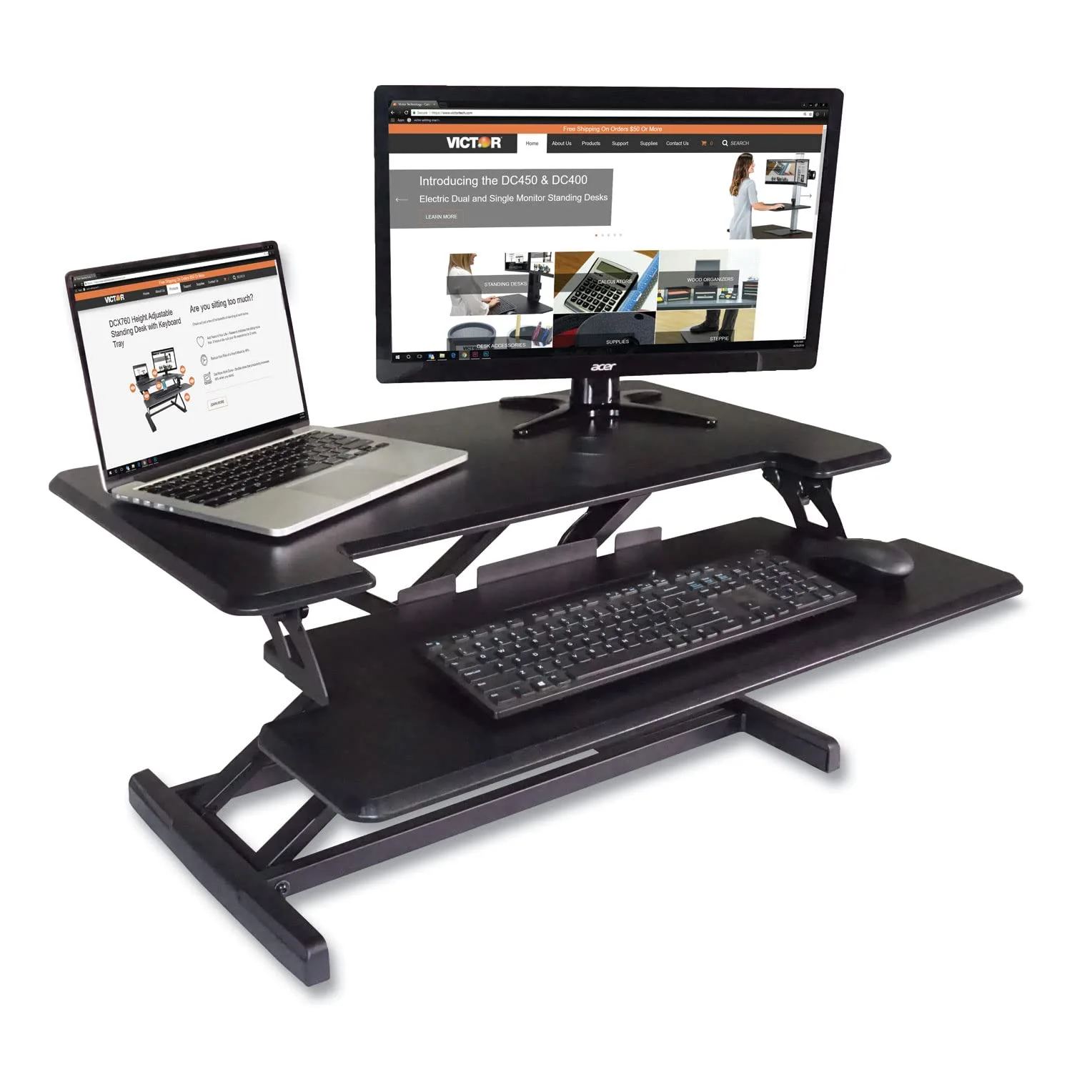 Victor DCX610 Height Adjustable Compact Standing Desk| Black| 33” Wide Sit-Stand Dual Monitor Desk and Laptop Riser