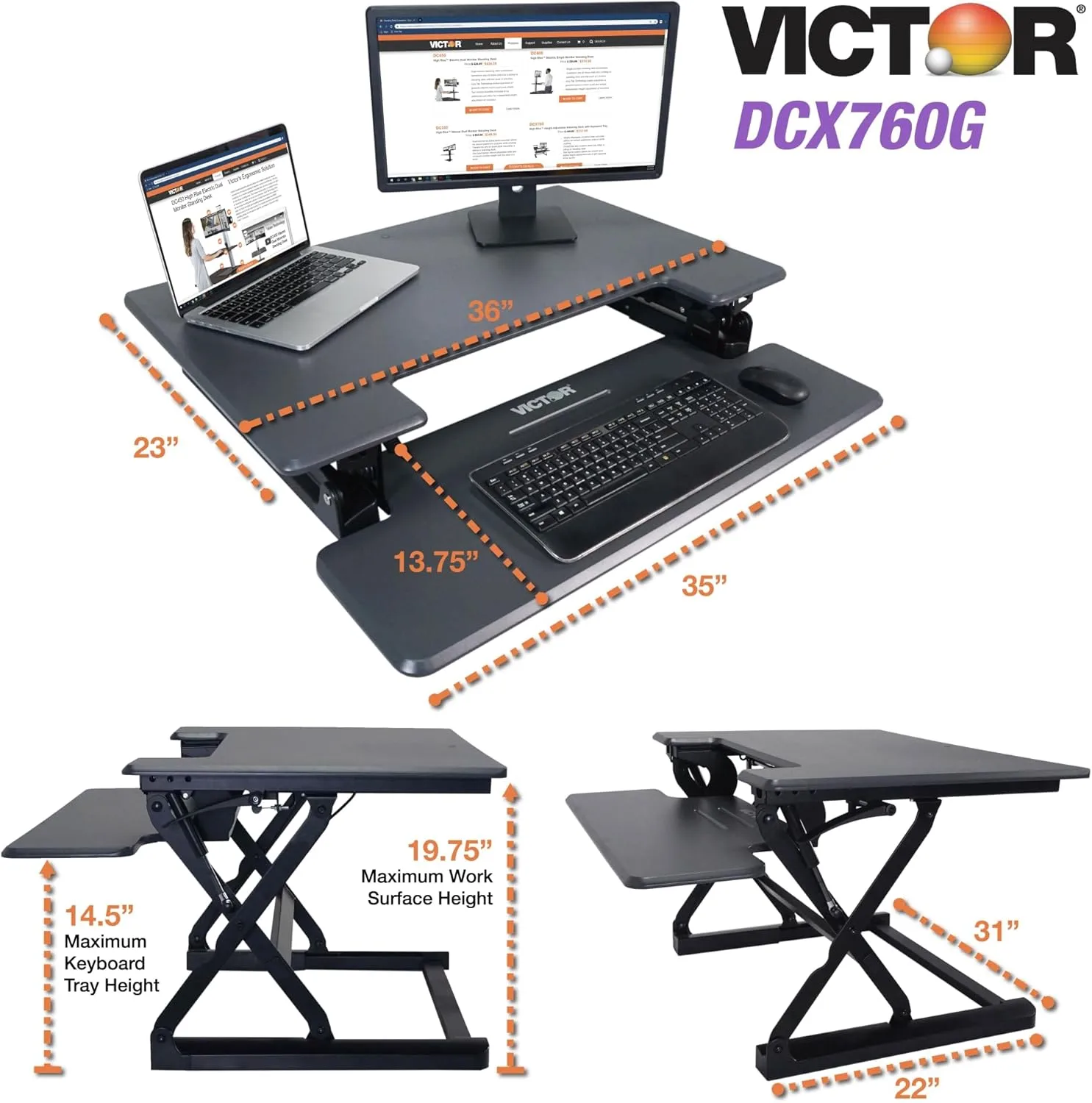 Victor DCX760G High Rise Collection Height Adjustable Standing Desk with Removable Keyboard Tray | Gray | 36” Wide Standing