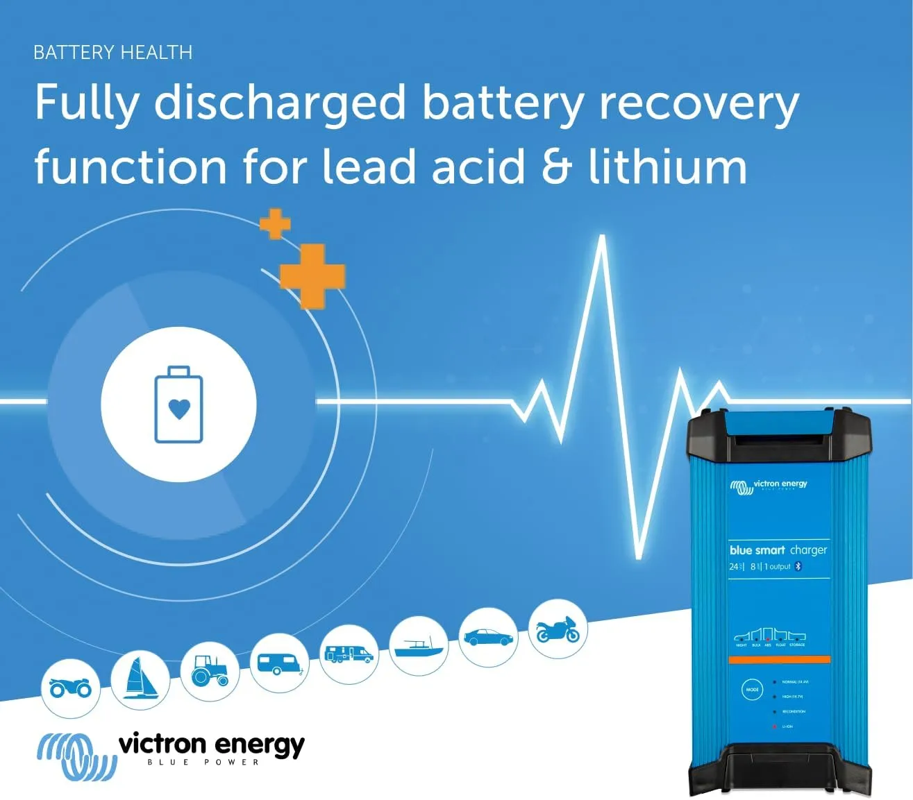 Victron Energy Blue Smart IP22 Smart Car Battery Charger 24V 8A, Float & Trickle Charger and Desulfator for Motorcycle, ATV
