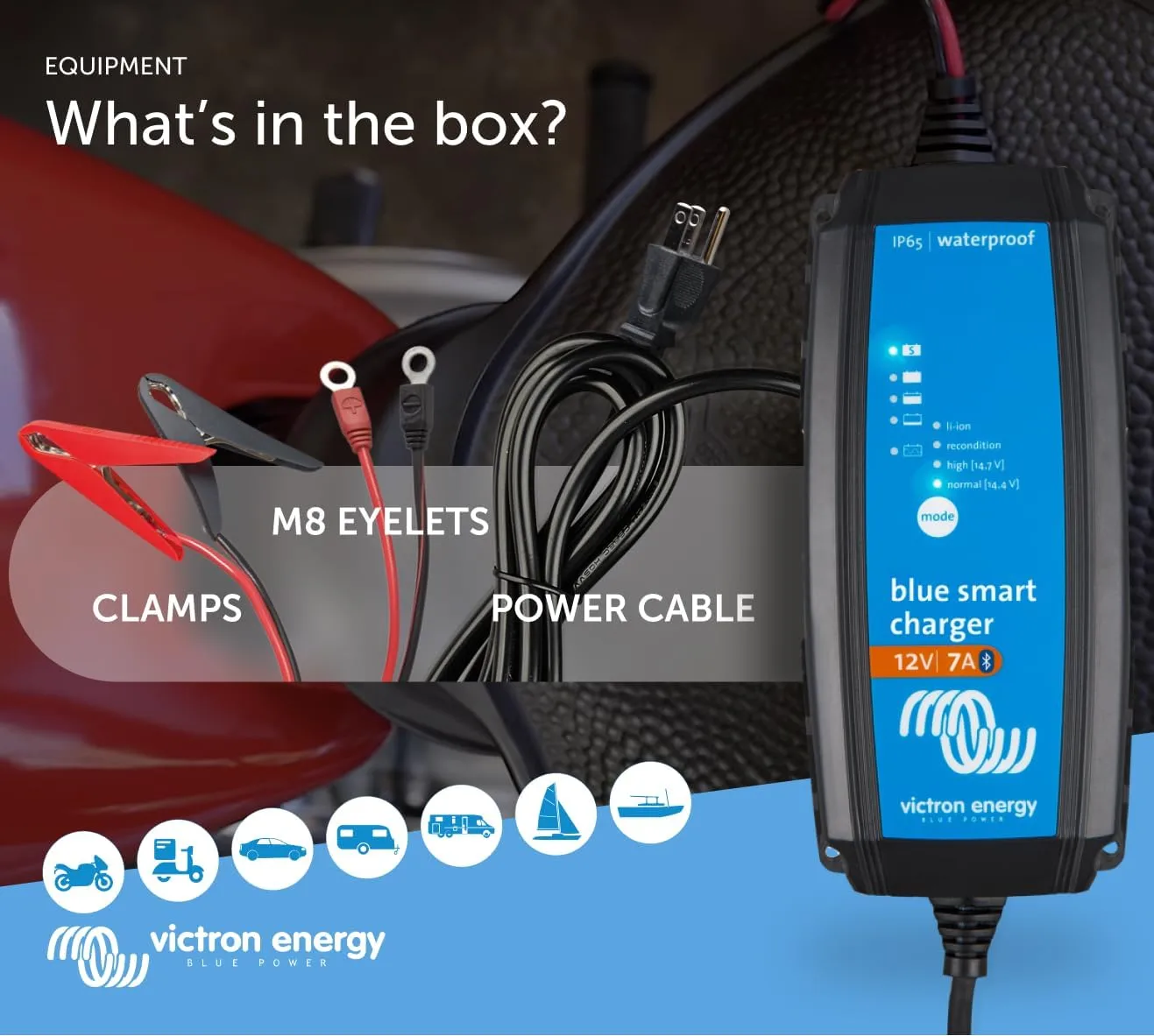 Victron Energy Blue Smart IP65 Smart Car Battery Charger 12V 7A, Float & Trickle Charger and Desulfator for Motorcycle, ATV