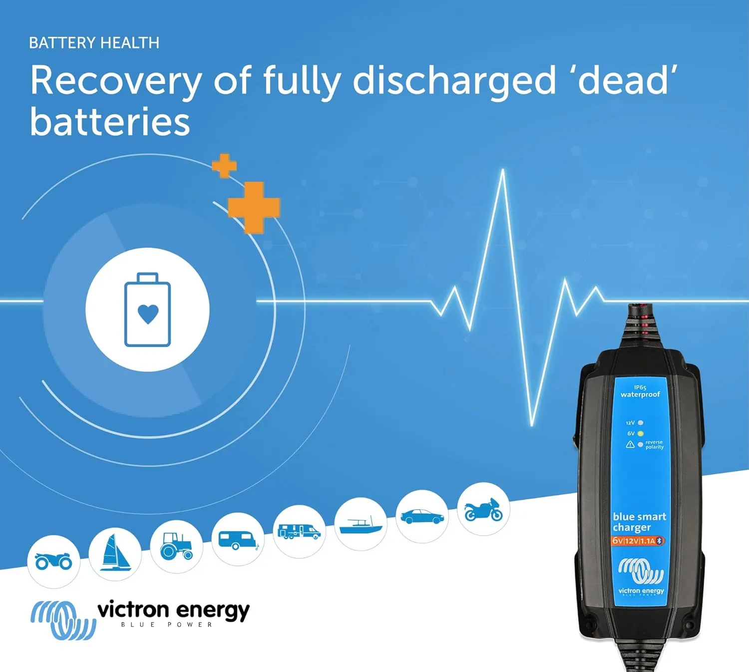 Victron Energy Blue Smart IP65 Smart Car Battery Charger 6V/12V 1.1A, Float & Trickle Charger and Desulfator for Motorcycle