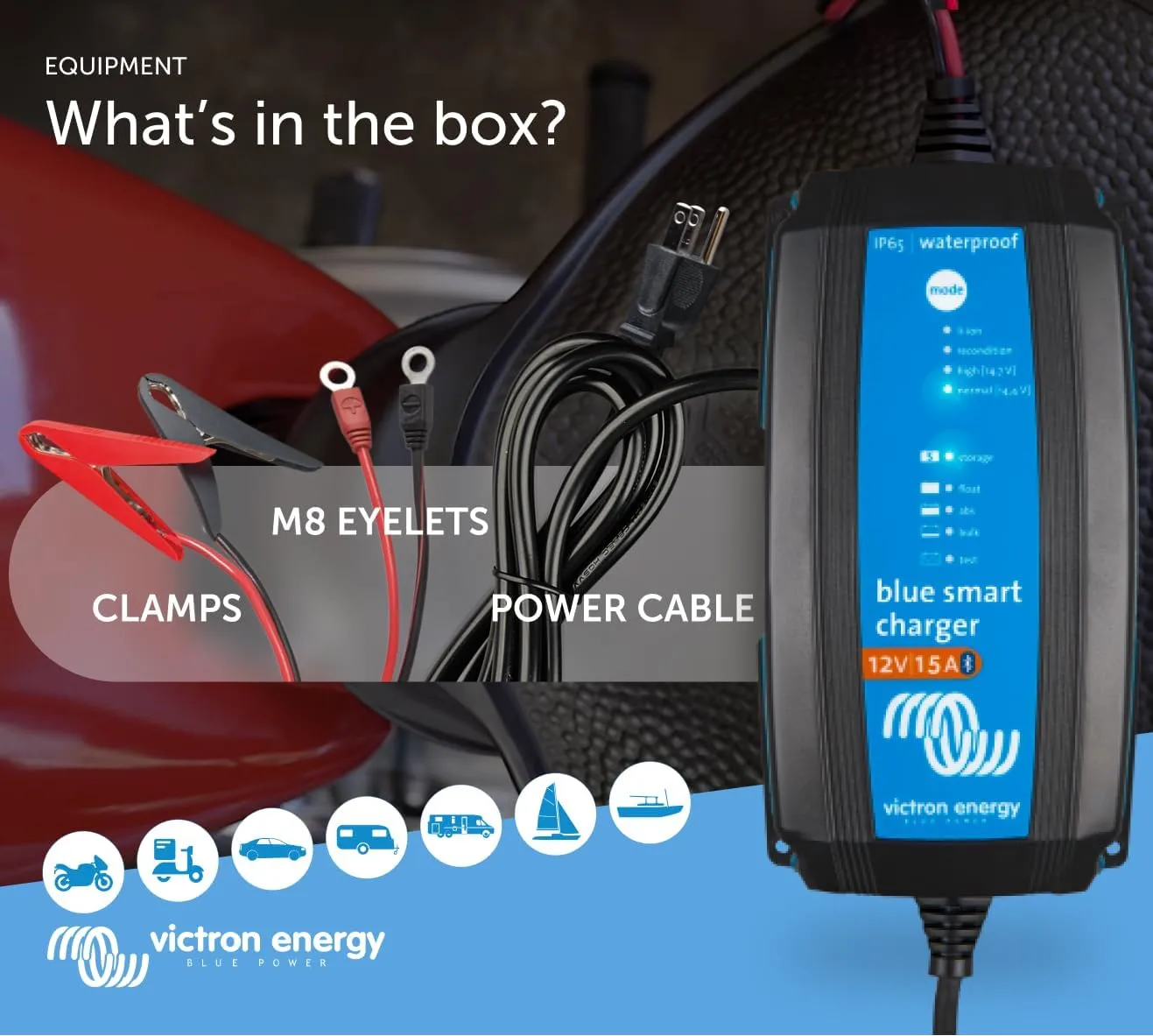 Victron Energy Blue Smart IP65 Smart Car Battery Charger 12V 15A, Float & Trickle Charger and Desulfator for Motorcycle, ATV