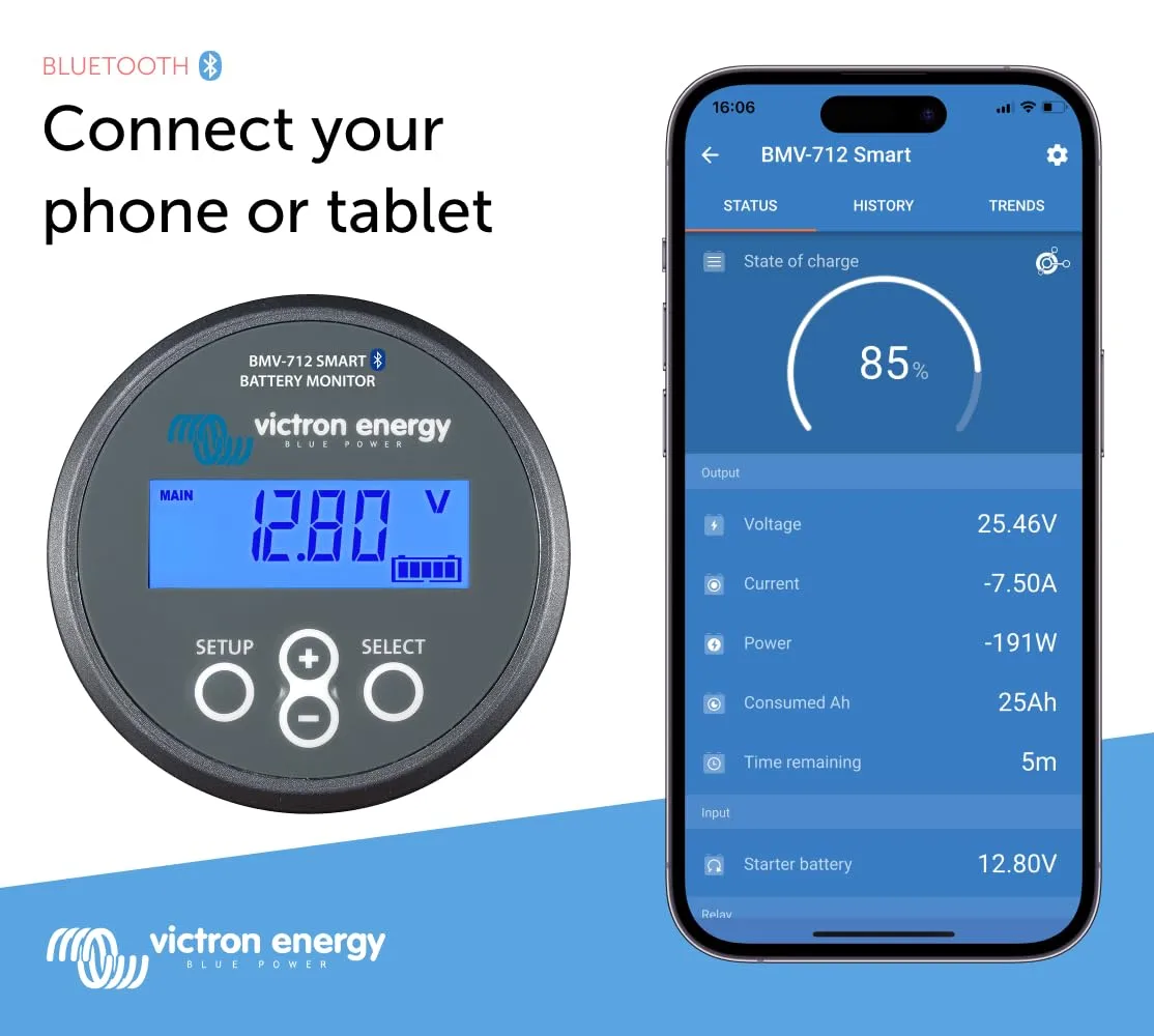 Victron Energy BMV-712 Smart Battery Monitor with Shunt - 6.5-70 VDC - Display and Bluetooth