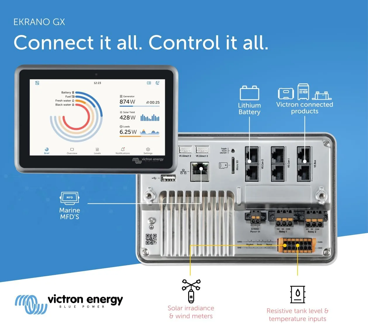 Victron Energy Ekrano GX with Built-in Waterproof 7-Inch Display - Remote Access & Control with Victron Remote Monitoring