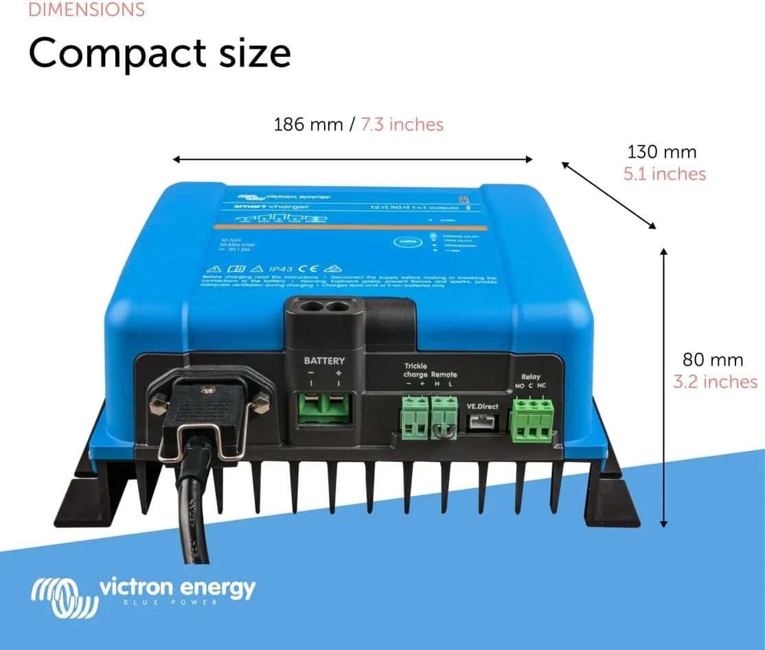 Victron Energy Smart IP43 12-Volt 30 AMP 120-240VAC, (1+1) Output Battery Charger with Bluetooth