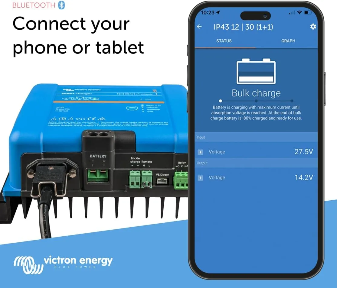 Victron Energy Smart IP43 12-Volt 30 AMP 120-240VAC, (1+1) Output Battery Charger with Bluetooth