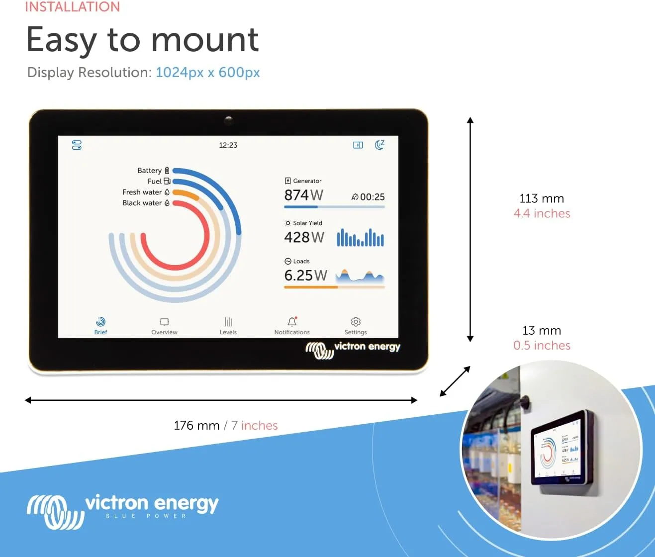 Victron Energy GX Touch 70 Display Screen - Waterproof 7-Inch Touchscreen for Cerbo GX for System Monitoring and Control