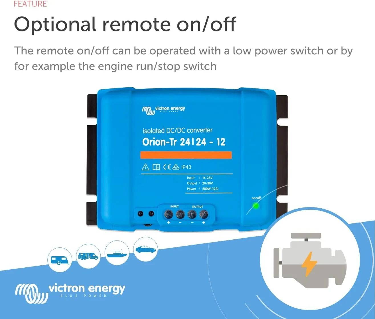 Victron Energy Orion-Tr DC to DC Converter - 24/24-Volt 12 amp 280-Watt - IP43 Protected - for Dual Battery Systems