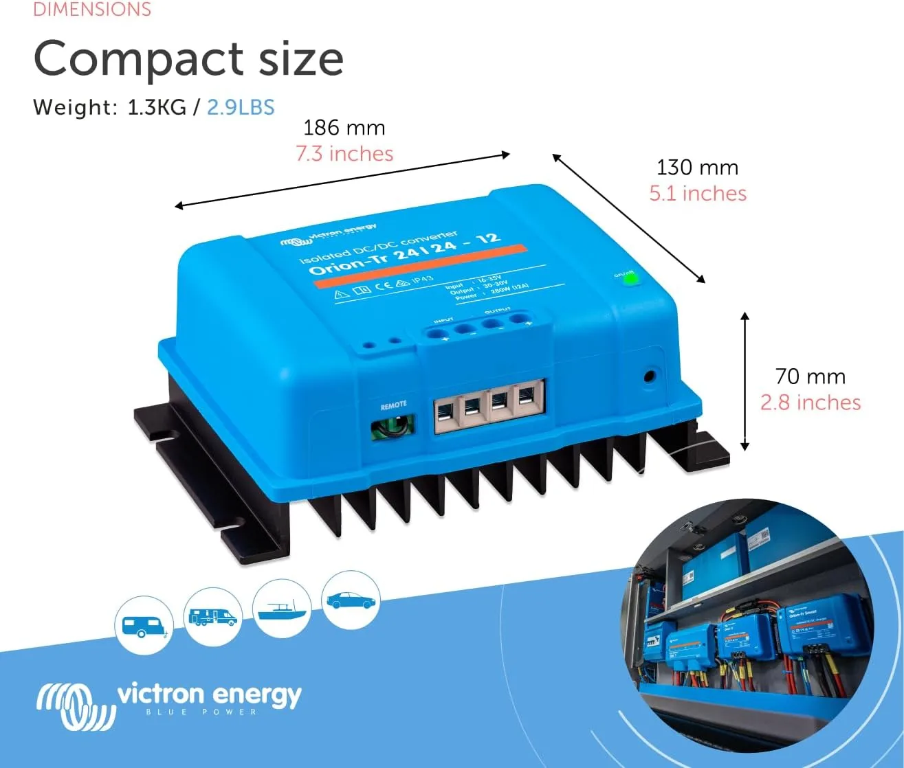 Victron Energy Orion-Tr DC to DC Converter - 24/24-Volt 12 amp 280-Watt - IP43 Protected - for Dual Battery Systems