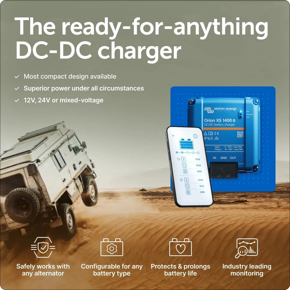 Victron Energy Orion XS 1400, 12/24-Volt 50 Amp DC-DC Battery Charger – 1400W Output, 98.5% Efficiency, Bluetooth Monitoring