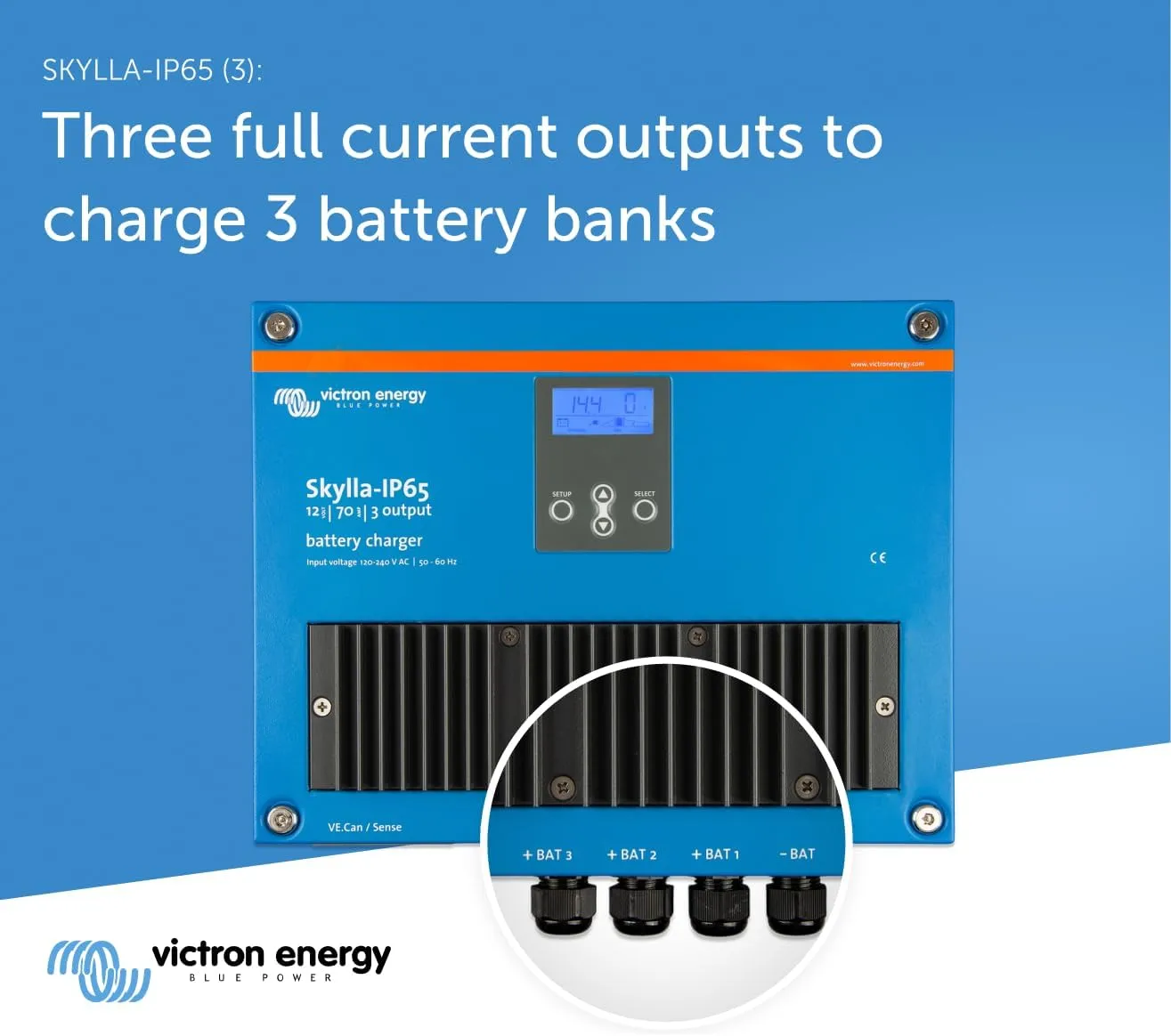 Victron Energy Skylla-IP65 12-Volt 70 amp 120-240VAC Battery Charger, 3 Isolated Outputs