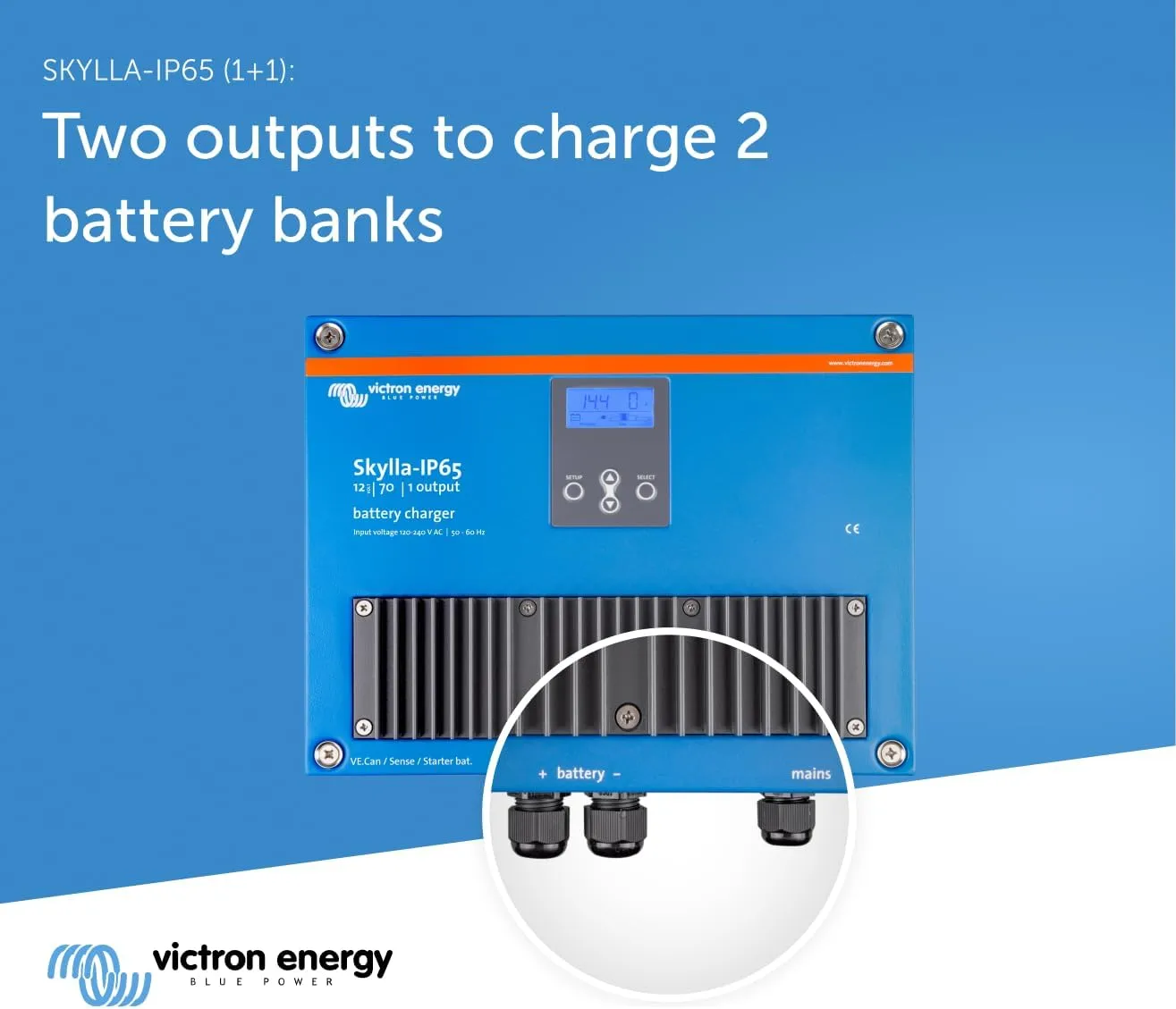 Victron Energy Skylla-IP65 12-Volt 70 amp 120-240VAC Battery Charger, 1+1 Isolated Outputs
