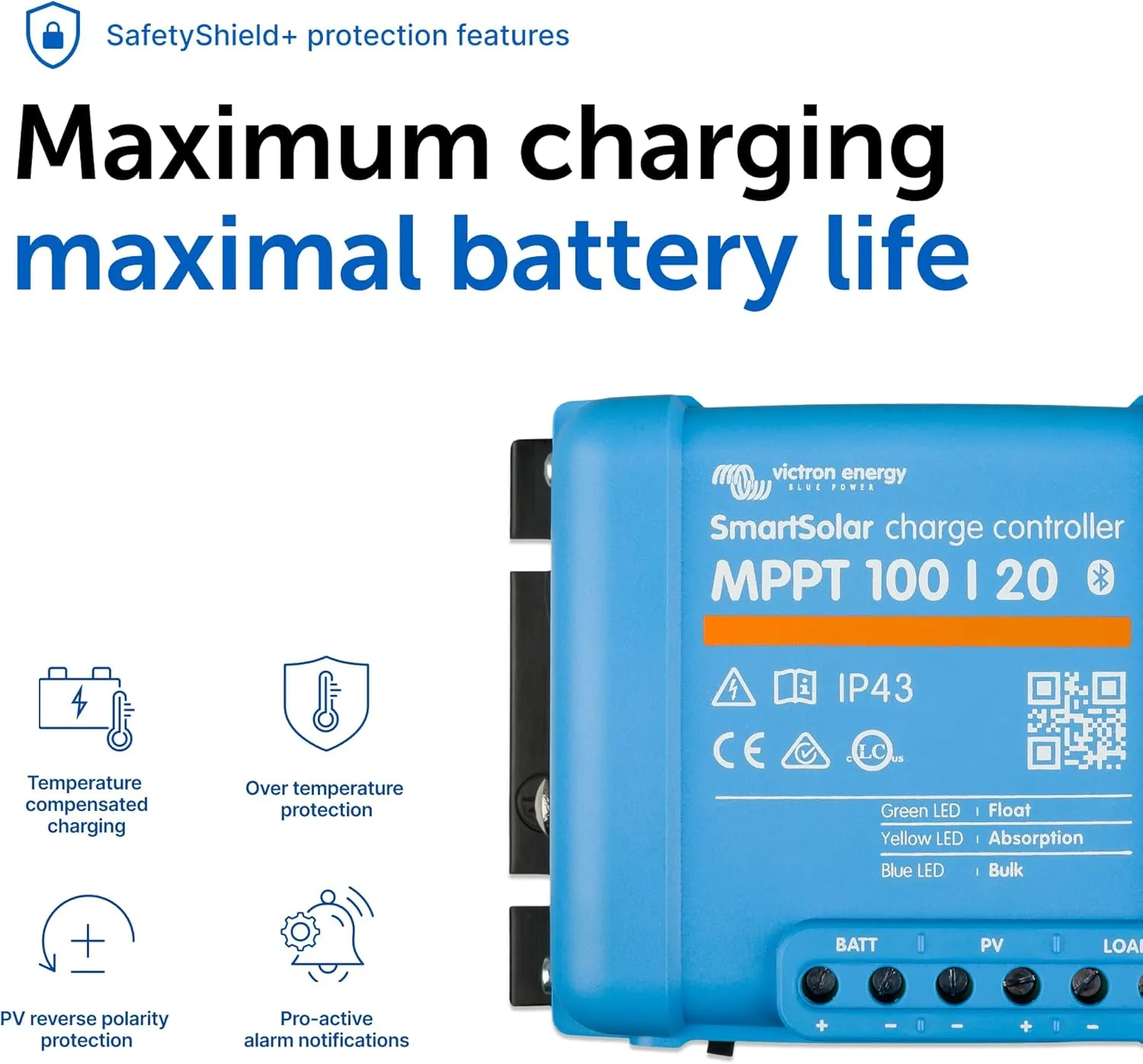 Victron Energy SmartSolar MPPT Solar Charge Controller (Bluetooth) - Charge Controllers for Solar Panels - 100V, 20 amp