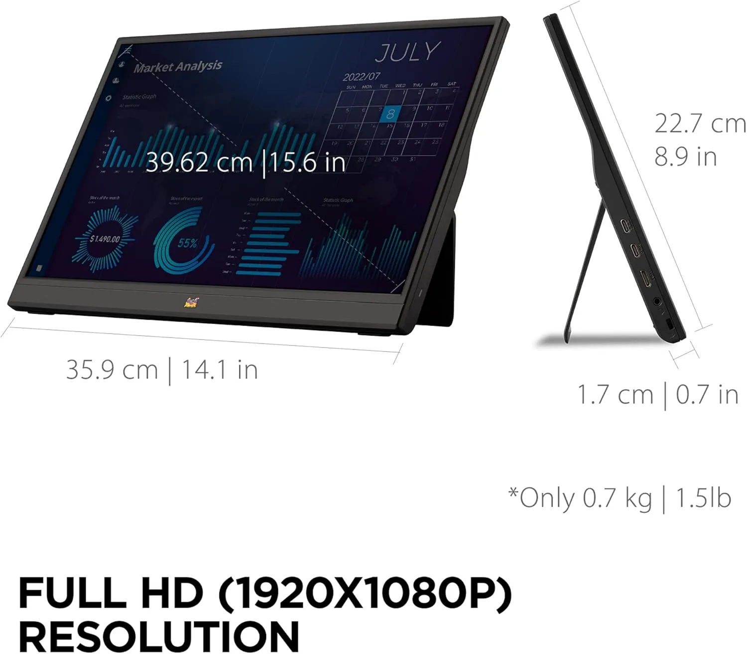 VIEWSONIC Portable 1080p IPS Monitor with 60W USB-C and Mini HDMI