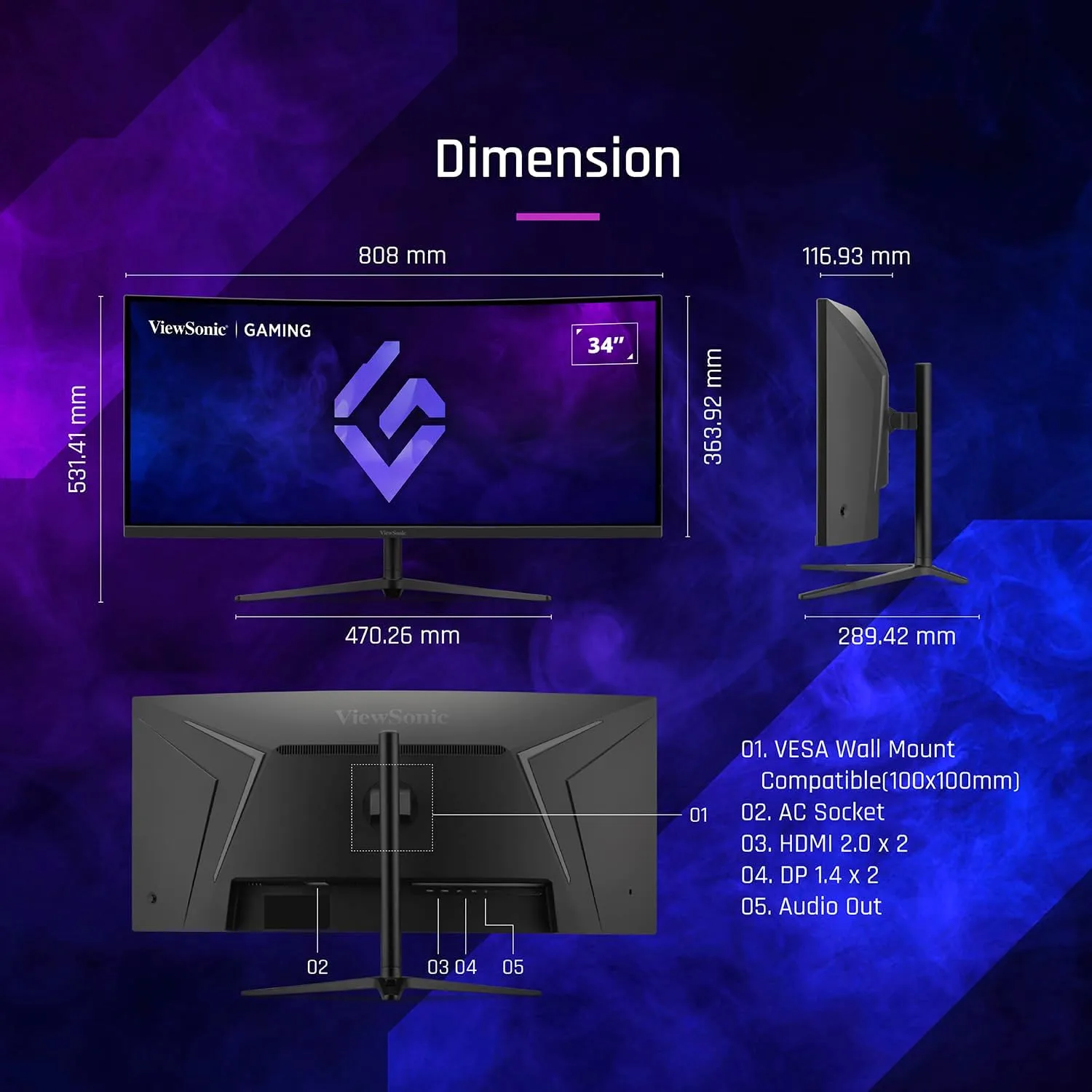ViewSonic VX3418C-2K 34 Inch UltraWide QHD 1440p Curved Gaming Monitor with 180Hz, 1ms, 21:9, Advanced Ergonomics, FreeSync Premium, HDR10, HDMI, and DisplayPort Inputs