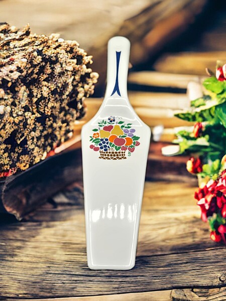 Vintage Ceramic Cake Server with Colorful Fruit Basket Design