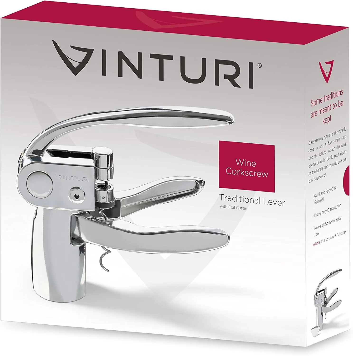 Vinturi Lever Wine Opener Set made of Premium Chrome Wine Corkscrew with Replacement Spiral and Foil Cutter with Sleek