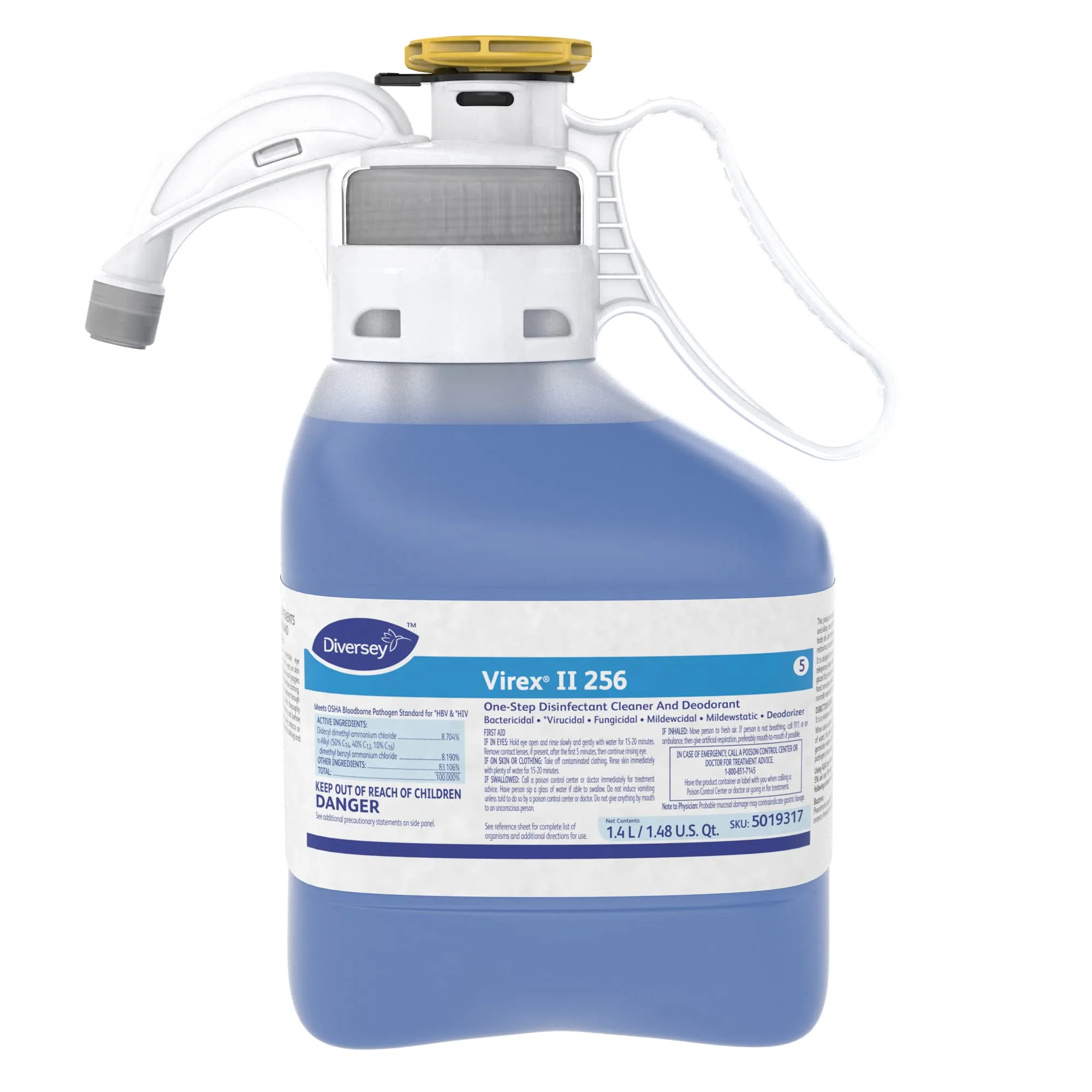 VIREX Diversey II 256 5019317 Disinfectant Cleaner and Deodorant, Hospital Grade Floor Cleaner with Mint Scent, SmartDose Concentrate, 1.4-Liter