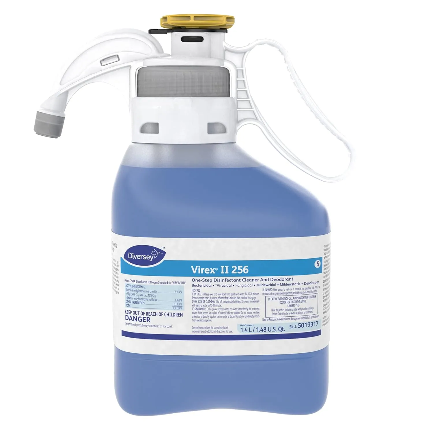 VIREX Diversey II 256 5019317 Disinfectant Cleaner and Deodorant, Hospital Grade Floor Cleaner with Mint Scent, SmartDose Concentrate, 1.4-Liter