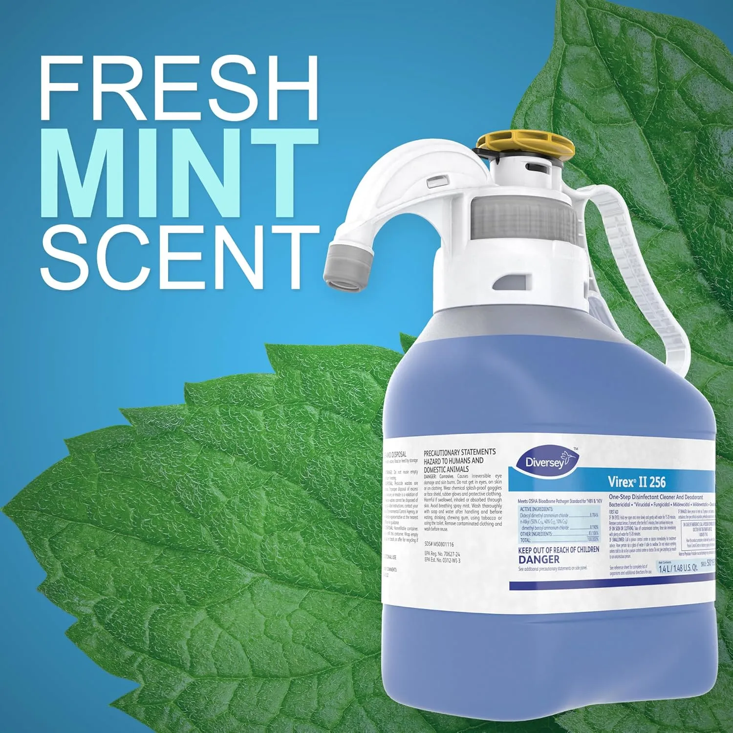 VIREX Diversey II 256 5019317 Disinfectant Cleaner and Deodorant, Hospital Grade Floor Cleaner with Mint Scent, SmartDose Concentrate, 1.4-Liter