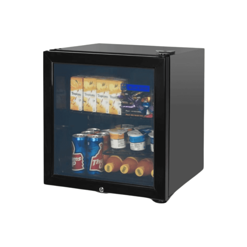 Compact commercial refrigerator with a glass door, Blue Star.