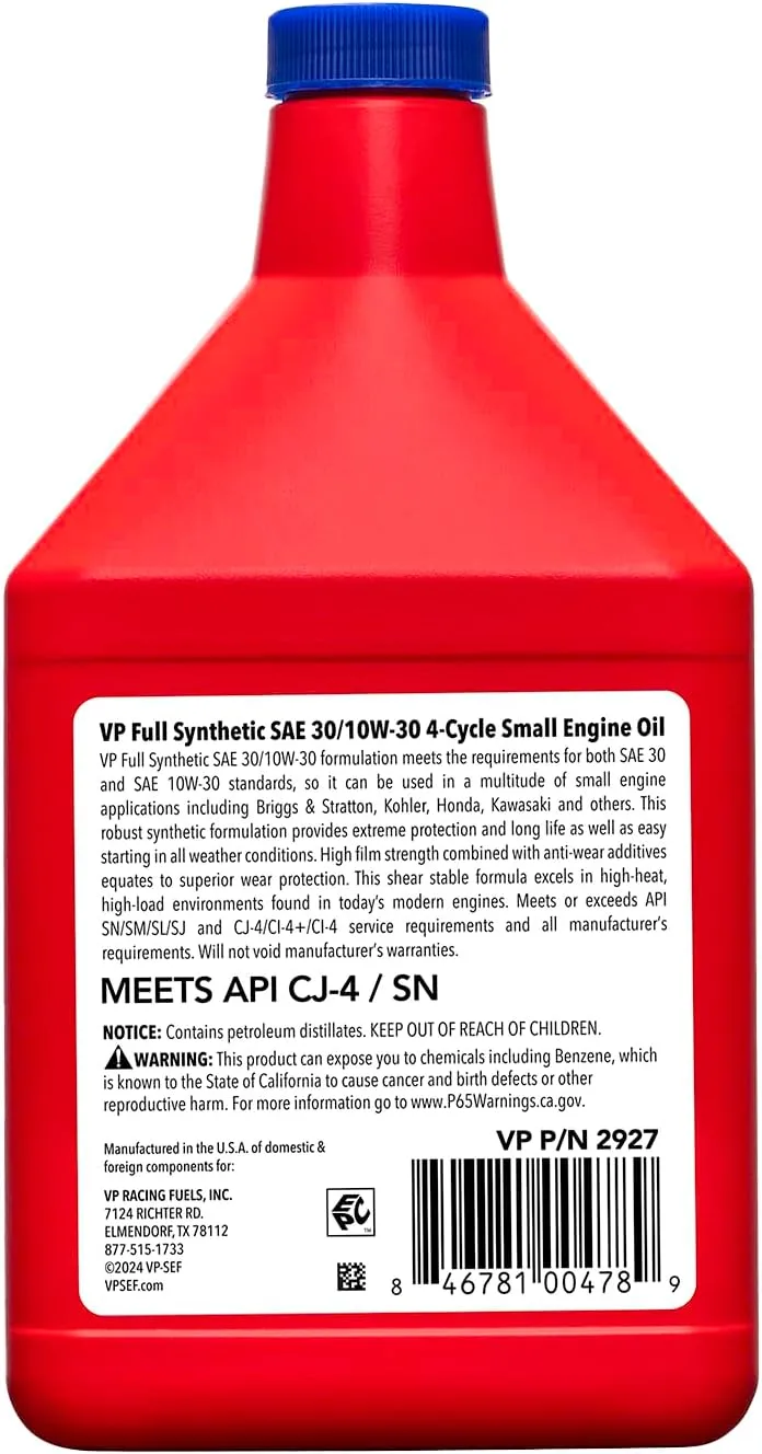 VP Racing 2927 4-Cycle Engine Oil SAE 10W/30 Full Synthetic Small Engine Oil, 18 oz