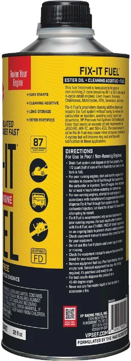 VP Racing Fuels 6635, Fix-It Fuel, Fixes Poor or Non-Running 2-Cycle and 4-Cycle Small Engines (SEF) - Quart Pack of 1