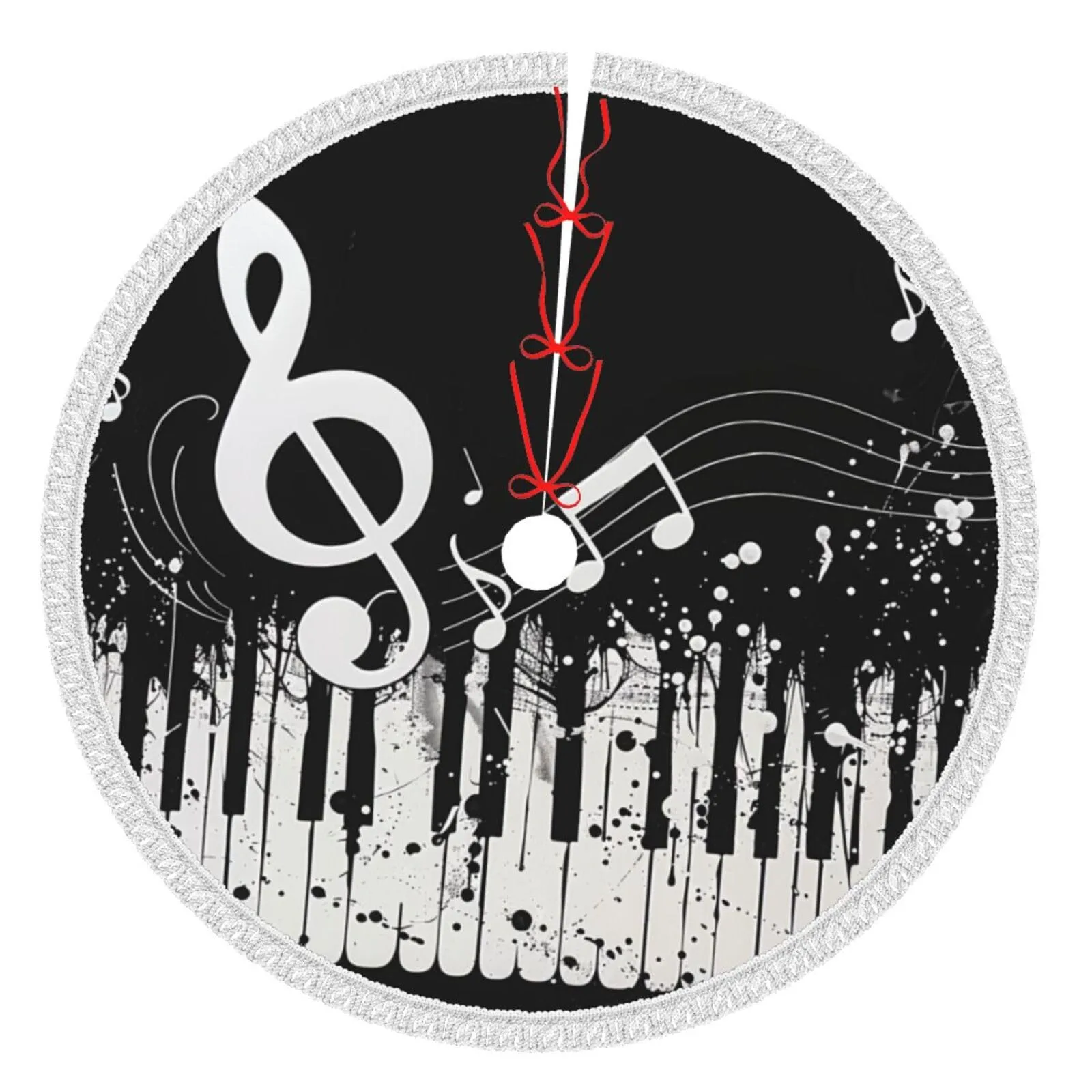 Black White Music Note Printed Christmas Tree Skirt 30 Inch - Thick Xmas Tree Skirt with Tassel for Indoor Outdoor Xmas Tree