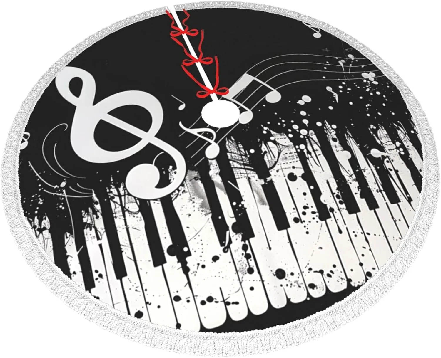Black White Music Note Printed Christmas Tree Skirt 30 Inch - Thick Xmas Tree Skirt with Tassel for Indoor Outdoor Xmas Tree